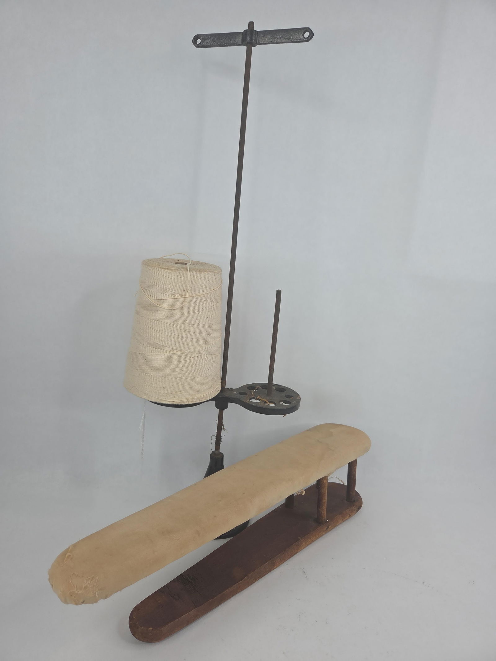 Cast iron double Spool yarn or thread holder and wooden sleeve ironing board: thread holder stamped made in the USA iron board 18 long