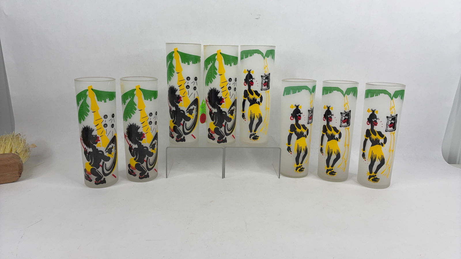 8 African tribal frosted glasses: no chips or cracks