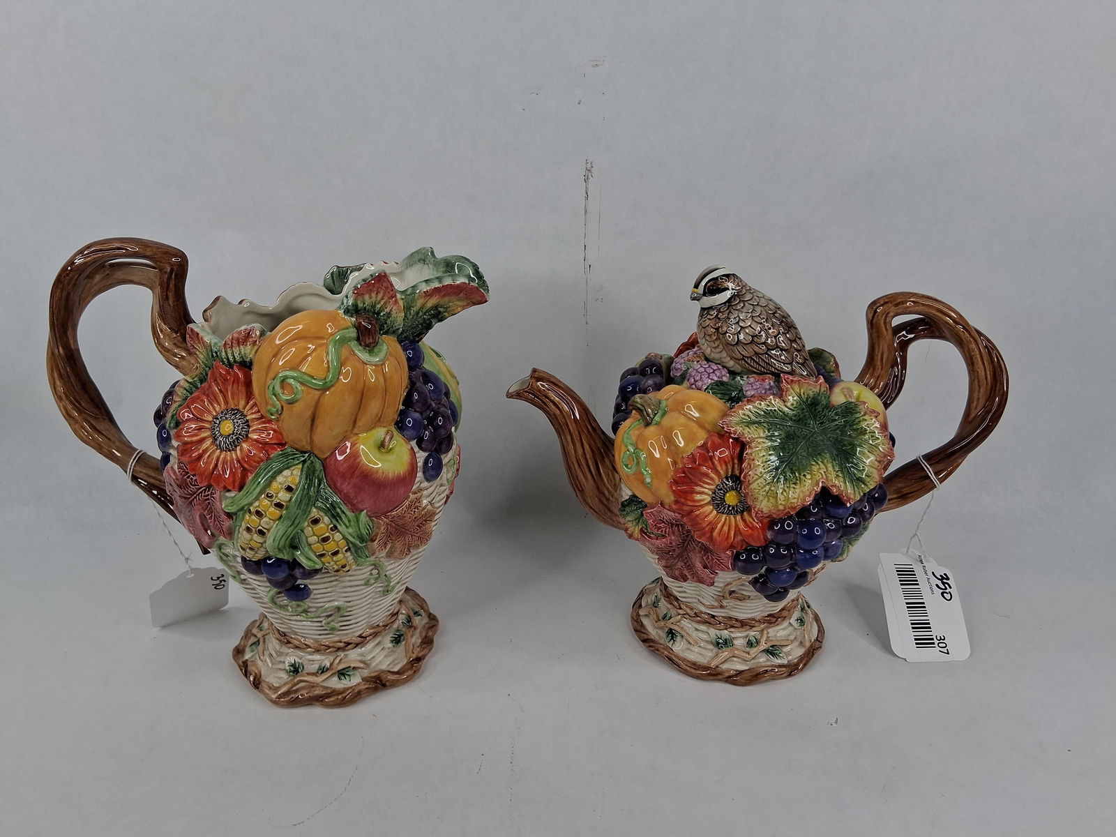 Stunning Fritz and Floyd Autumn Bounty teapot and pitcher: no cracks small pcs missing on leaf on tea pot