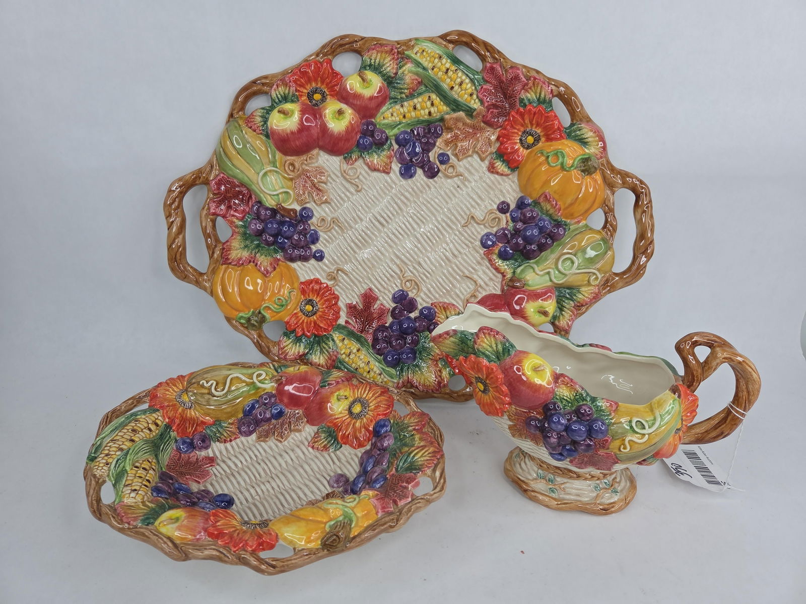 Fritz & Floyd Autumn Bounty Ceramic serving platter, bowl and gravy boat: serving plate is 18 inches long no chips or cracks