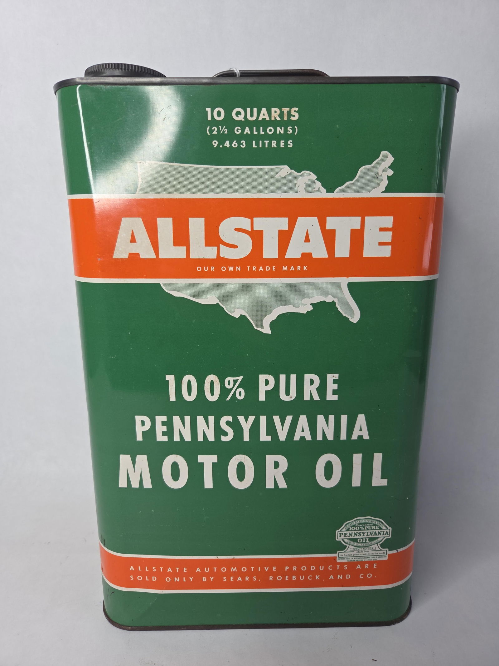 10 QT Allstate 100% pure Pennsylvania motor oil tin can: in very good condition