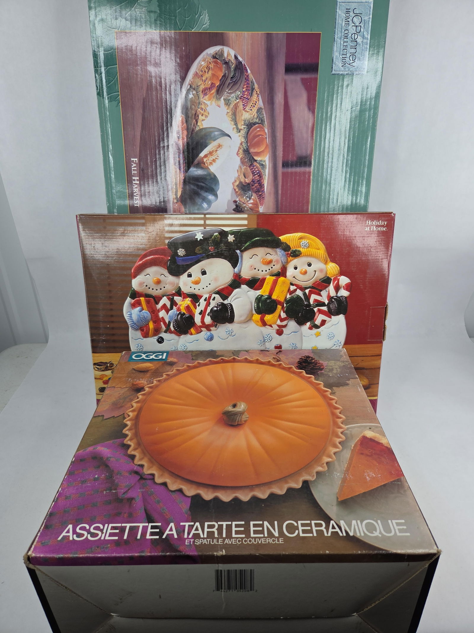 Large Fall Harvest, Snowmen and ceramic Pumpkin pie plate with lid: all are in original boxes