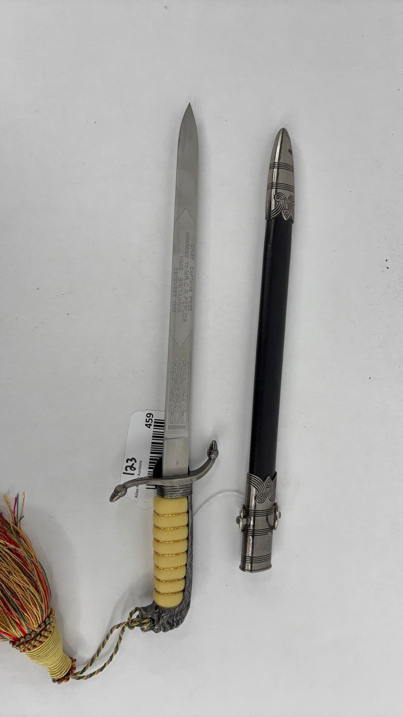 Whetstone lion head British navy engraved dagger sword: awarded to Mr.C.R Peploi December 1905 17 in long