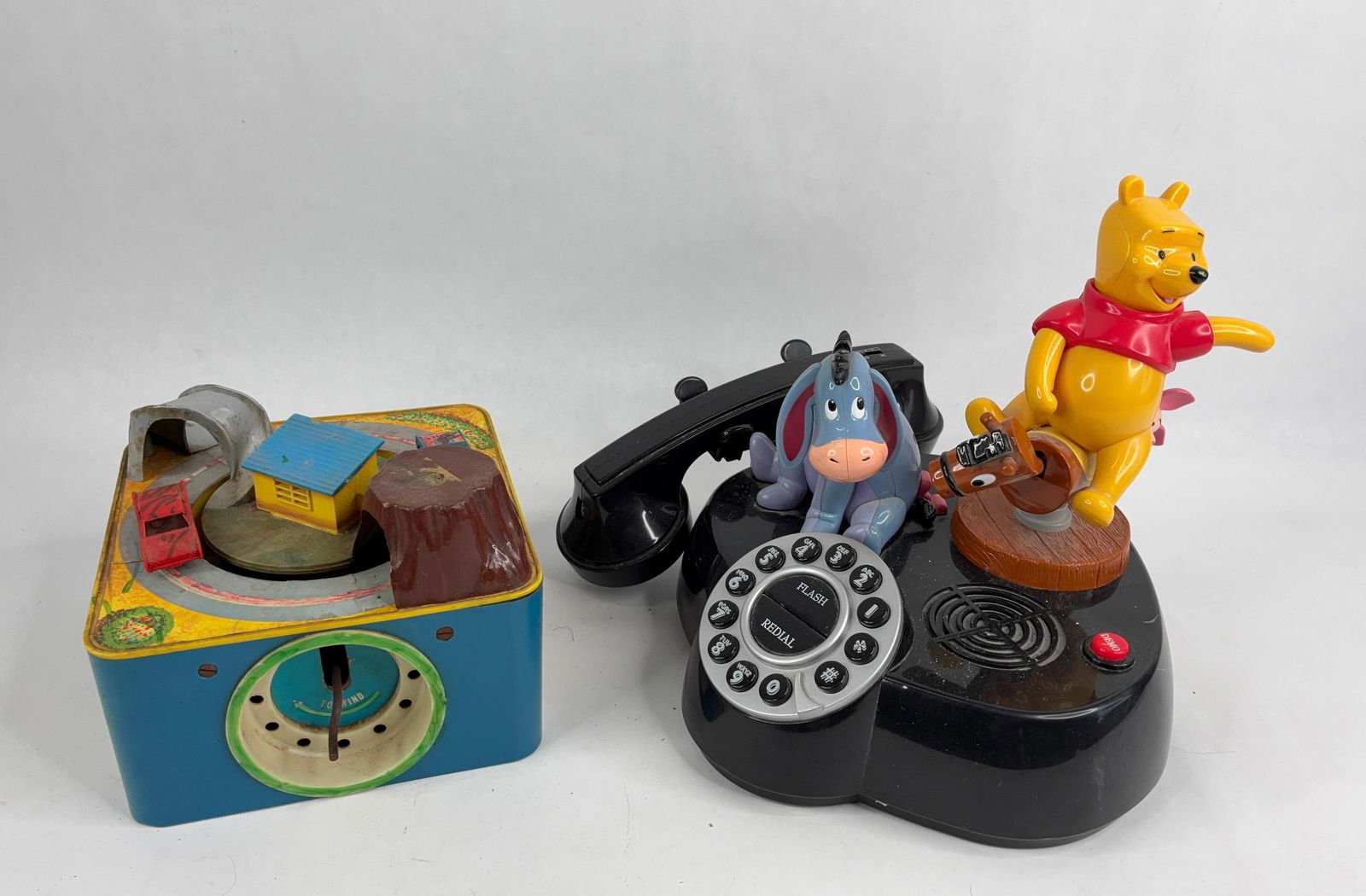 Disney Tele mania animated talking telephone, and Cragstan police car chase wind up toy: telephone not tested and toy wind up does not work