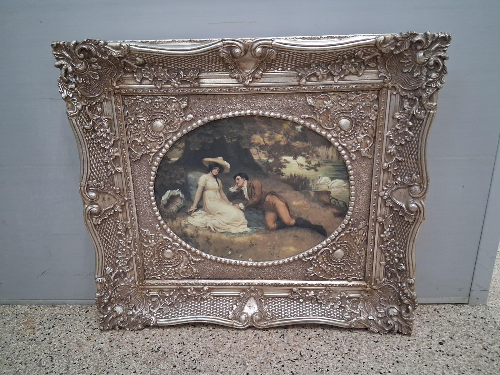 Couple by River Oil on canvas board Painting with Great Silver gilded frame: 28x32