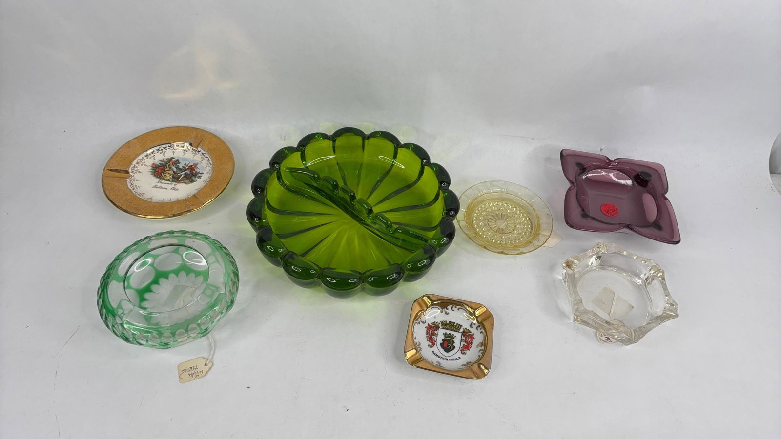 Mid Century glass ash trays: 7 ashtrays largest is 8in in diameter