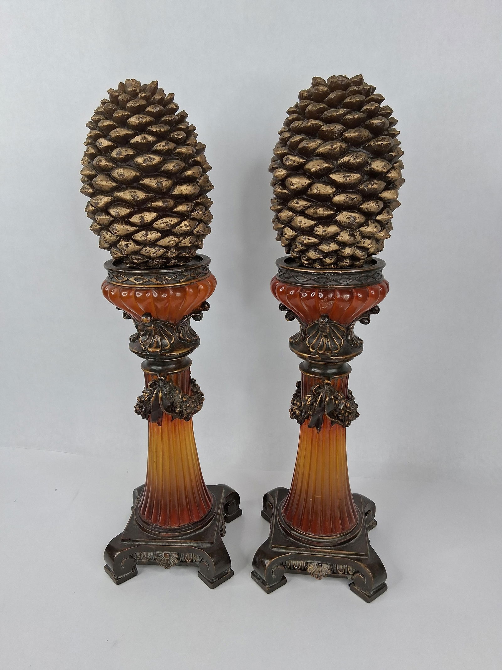 Beautiful Mid Century Modern resin glass and pine cone candle holders: 18 in tall