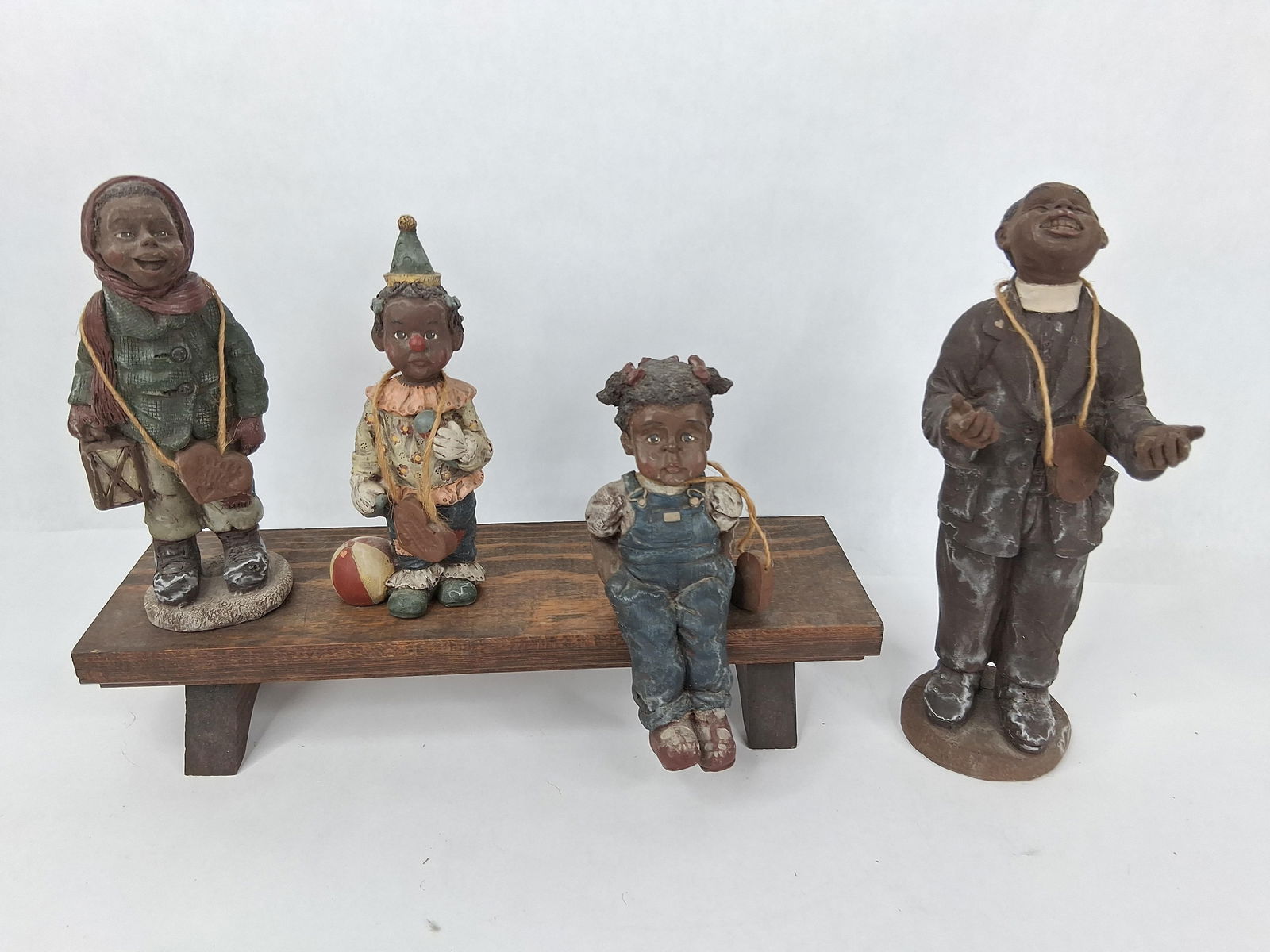 Sarah Attic limited edition figurines and wooden bench: all are numbered