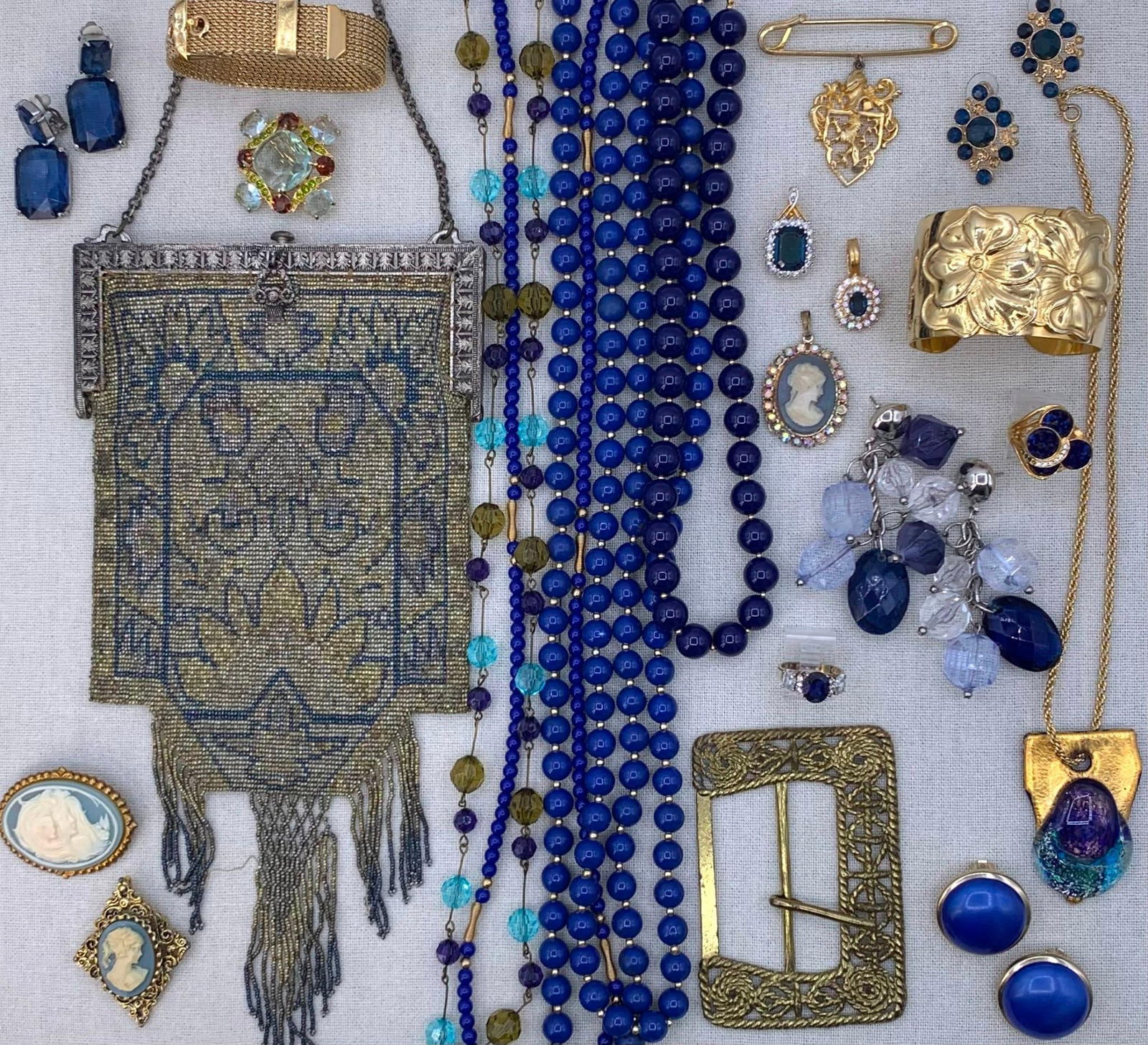27 pc Antique Glass Bead Art Deco Purse Cobalt Blue Vintage Jewelry Collection (1 of 20)