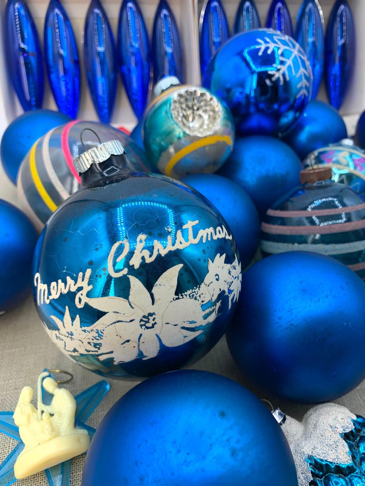35 pc Vintage Cobalt Mercury Glass Mid Century Plastic Jewelbrite Christmas Tree Ornaments: Shiny Brite embossed caps on the cobalt satin glass bulbs, glitter and stencil detail, 2 vintage Jewelbrite paperboard boxes with 10 marquise shaped unbreakable ornaments, some paint loss to the glass