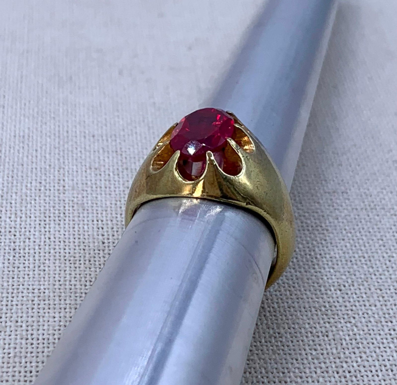 Glitzy Mid Century Men's Large Carat Created Ruby Ring - 13