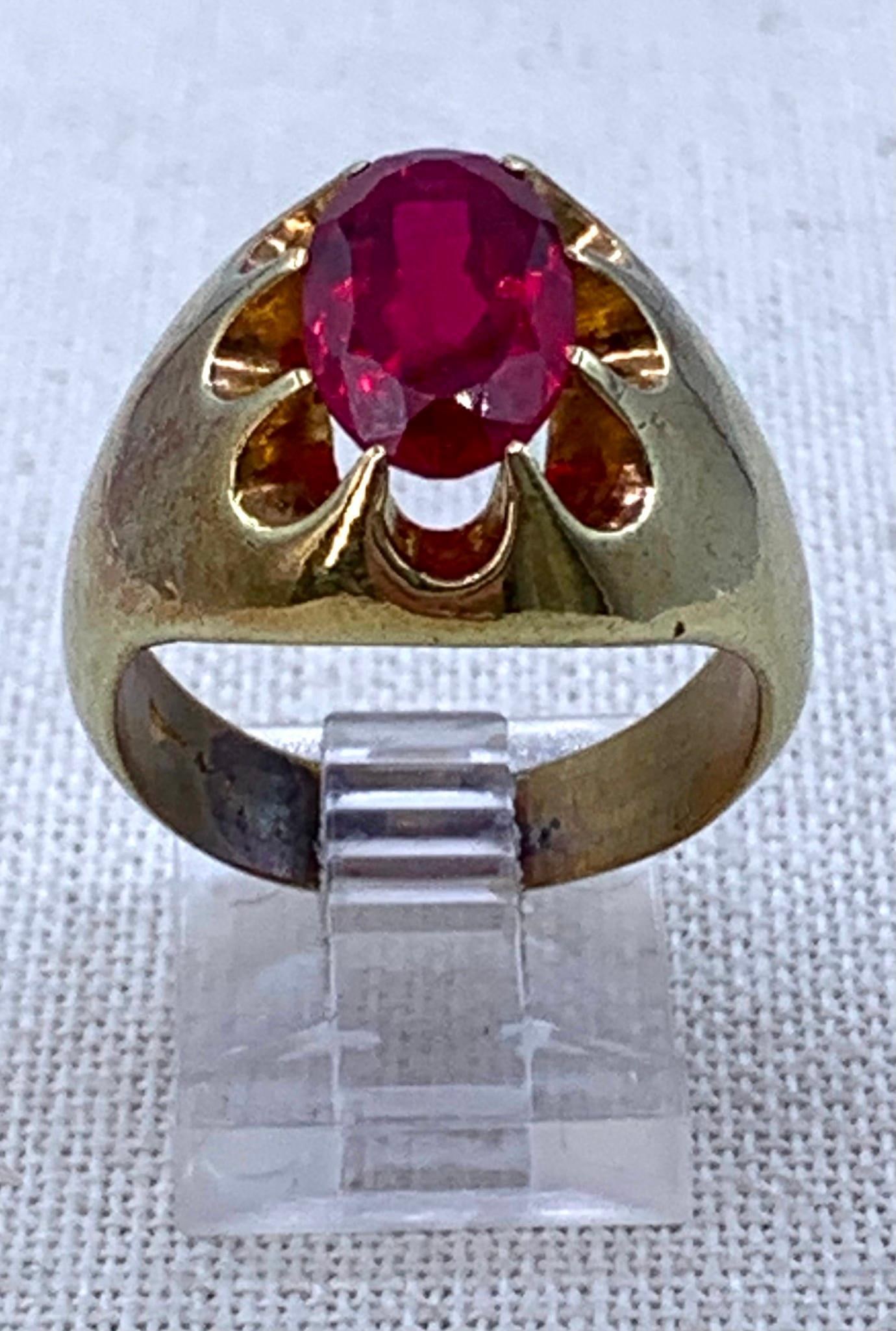 Glitzy Mid Century Men's Large Carat Created Ruby Ring - 3