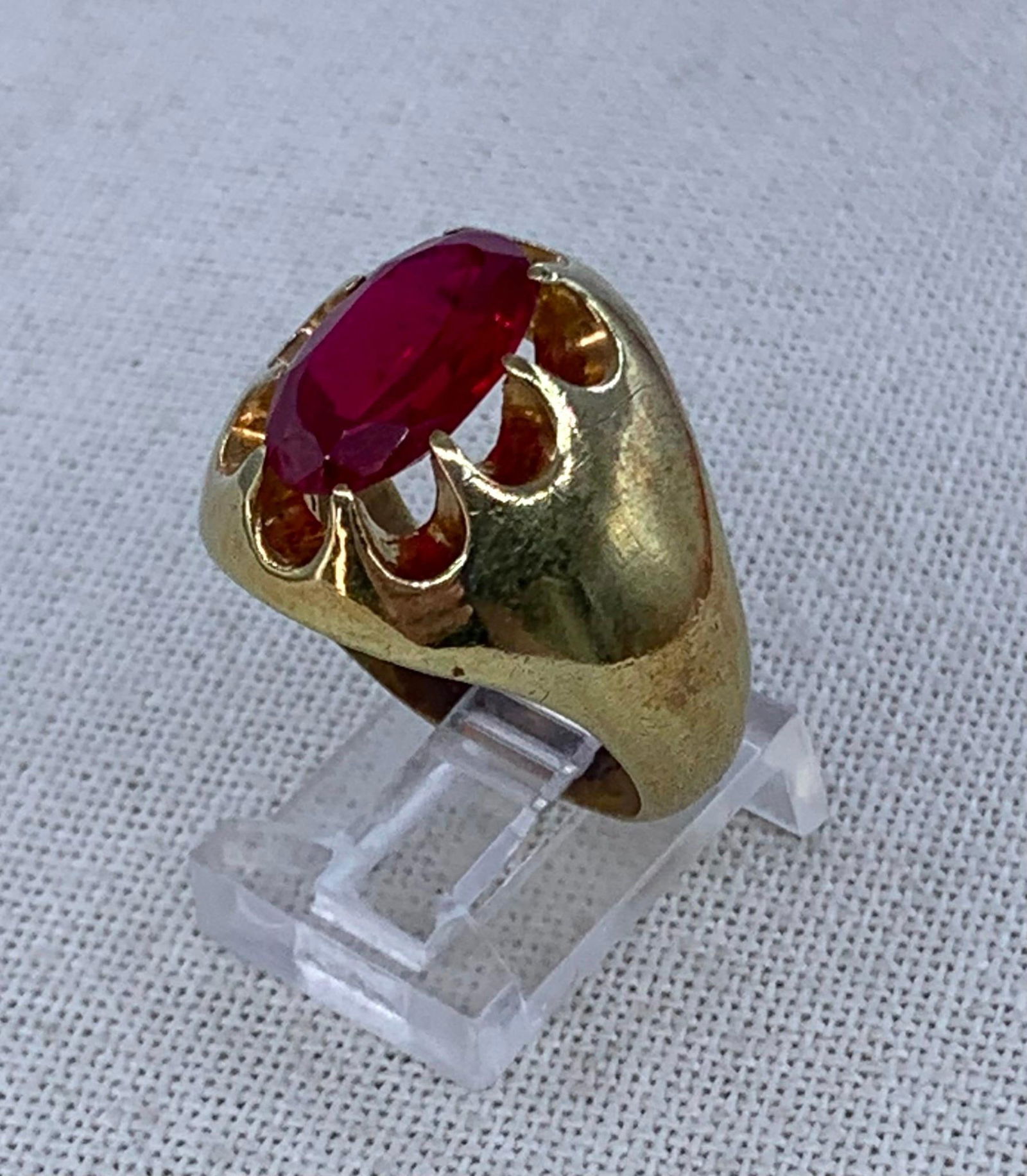Glitzy Mid Century Men's Large Carat Created Ruby Ring - 4
