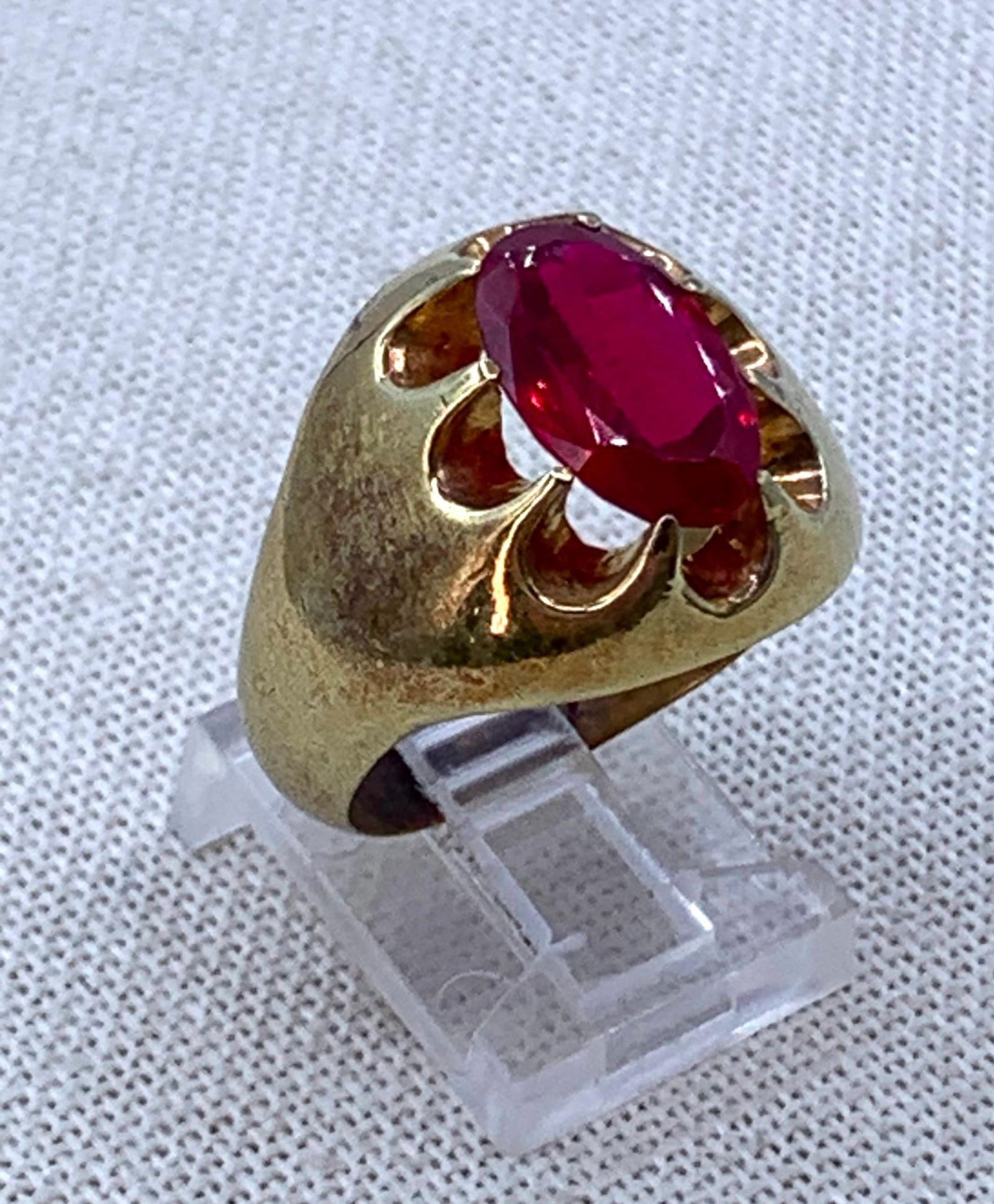Glitzy Mid Century Men's Large Carat Created Ruby Ring - 7