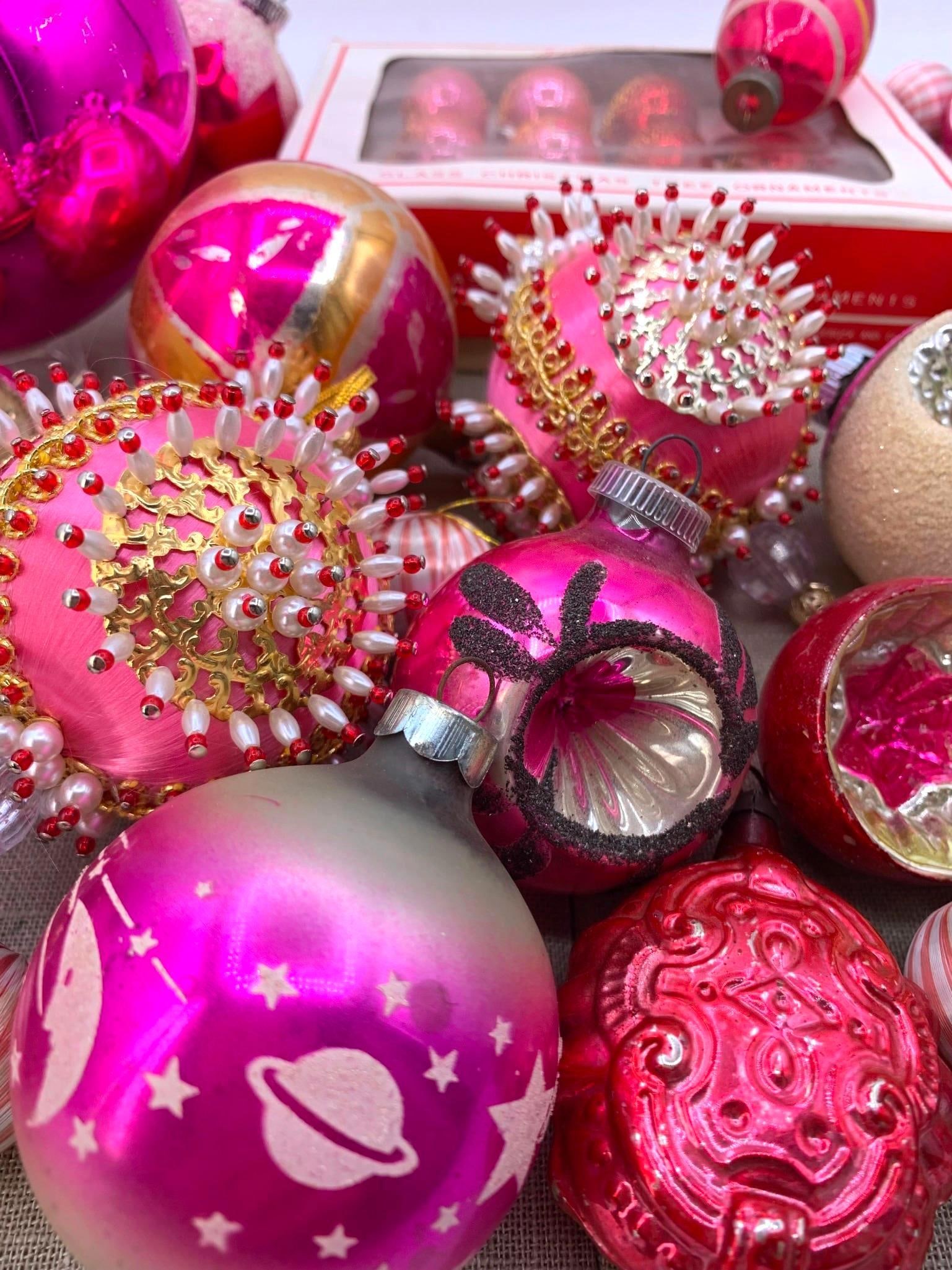 38 pc Vintage Mid Century Magenta Mercury Glass, Mesh, Pierced Pinned Christmas Tree Ornaments: 2 opulent candy pink satin wrapped pierced and pinned ornaments, 2 folk pinned mercury glass garland bead balls, many early indent and glittered glass ornaments, petite box of 11 mesh wrapped pink and