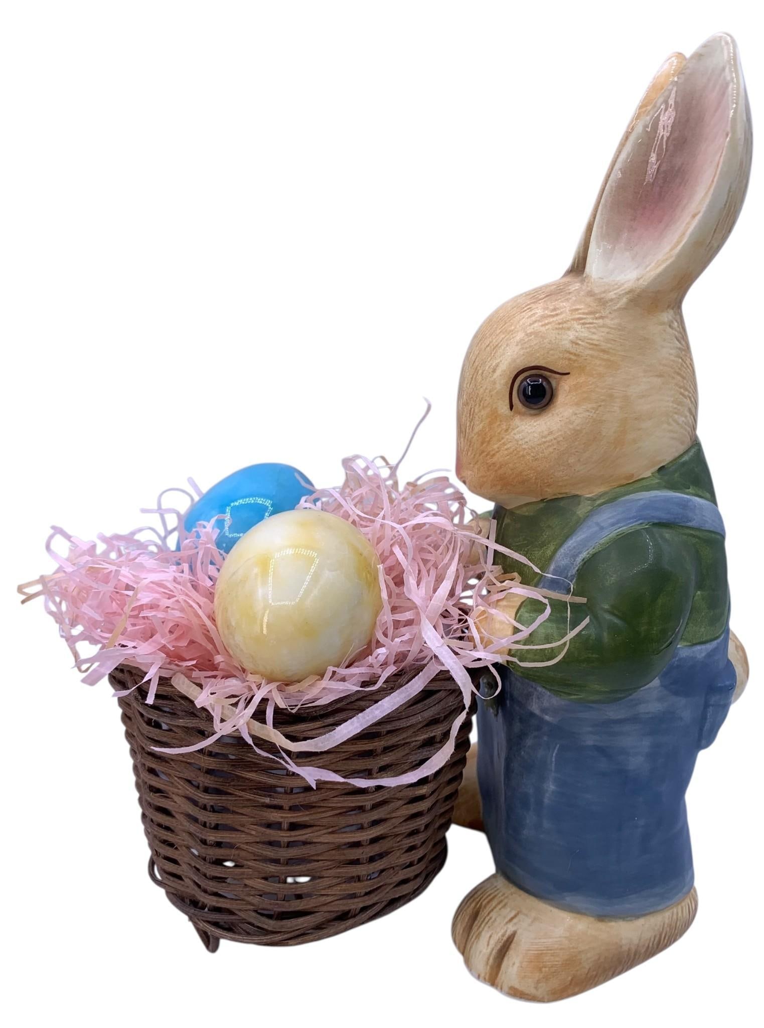 15 Pastel Alabaster Easter Eggs Vintage Ceramic JAPAN Bunny with Wicker Basket Easter Decoration: * 15 alabaster eggs in perfect pastel hues, each approx. 2 1/4; length, no structural issues* 10 1/4; tall x 7; x 5; ceramic rabbit/wicker basket decoration, Midwest Japan label?