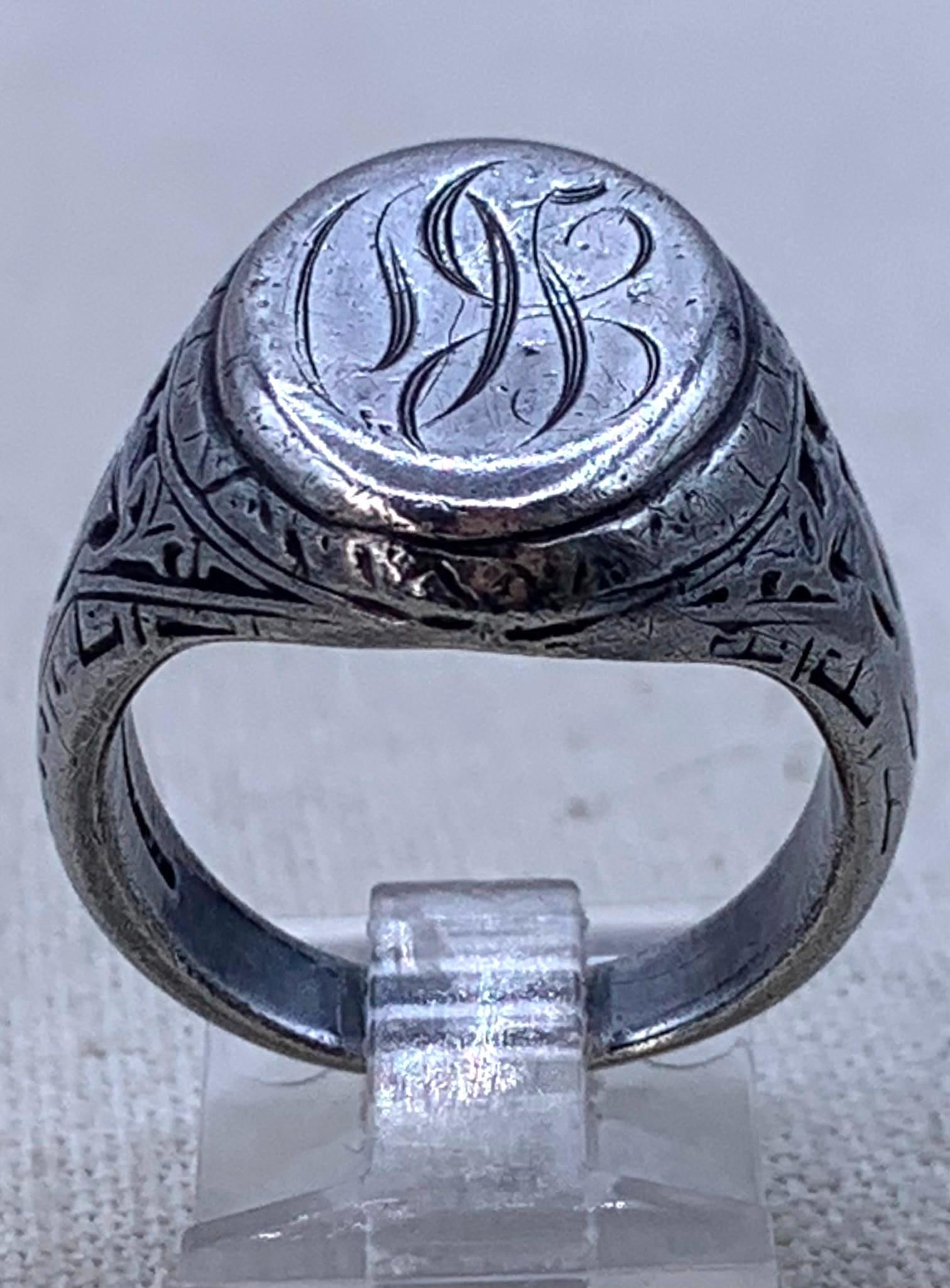 Old Sterling Silver Engraved Monogram Men's Antique Signet Ring: Hallmarked STERLING, 9.75 size, 22mm along the finger, 12.3 gram weight, ornate shoulder detail, vintage buttercream wool felt pouch included.