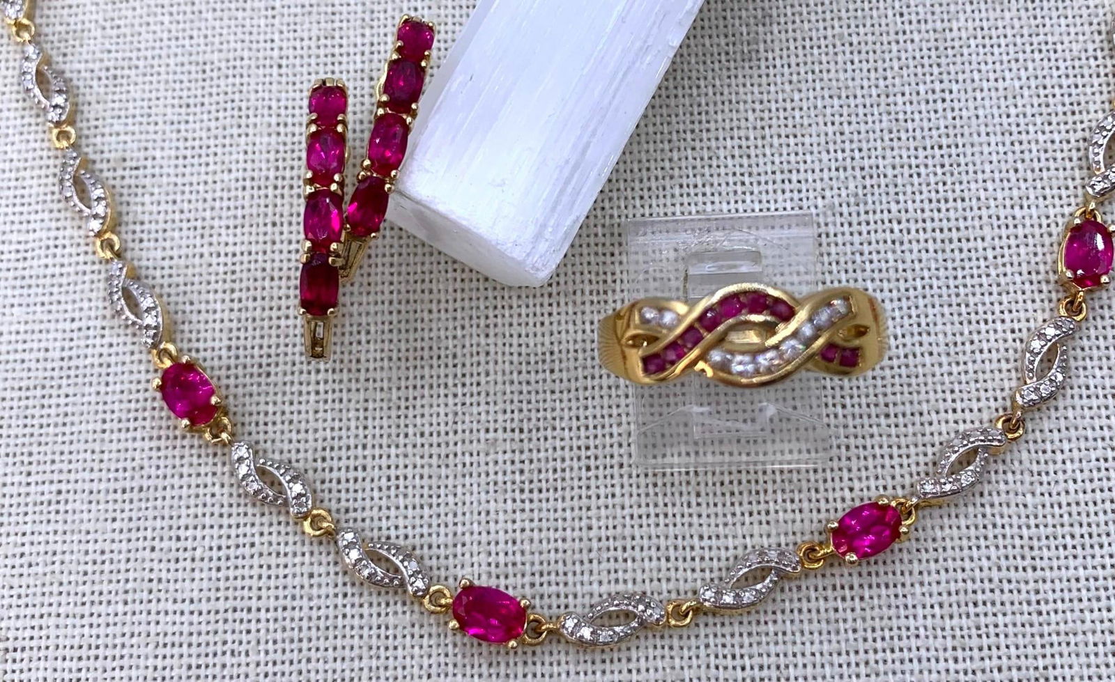 4 pc Sterling Silver Created Ruby 925 Tennis Bracelet, Pierced Hoop Earrings Ruby Ring (1 of 16)