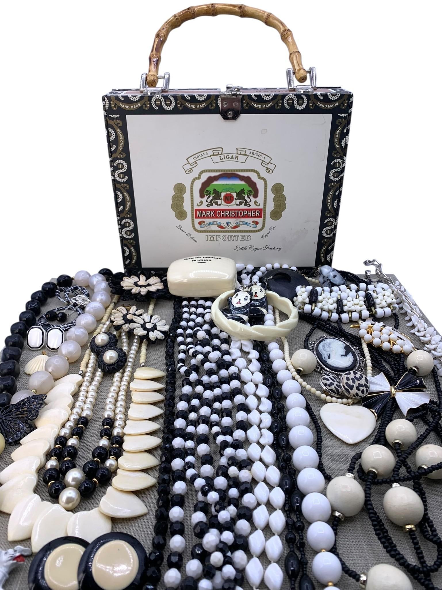 50 pc Vintage Black White Costume Jewelry and Mark Christopher Leopard Lined Cigar Case Purse: Fantastic variety of vintage jewels in iconic black, white and cream, including natural materials, composite, raffia, glass, wood and metals, hand painted details, Mid Century to 90s with a vintage