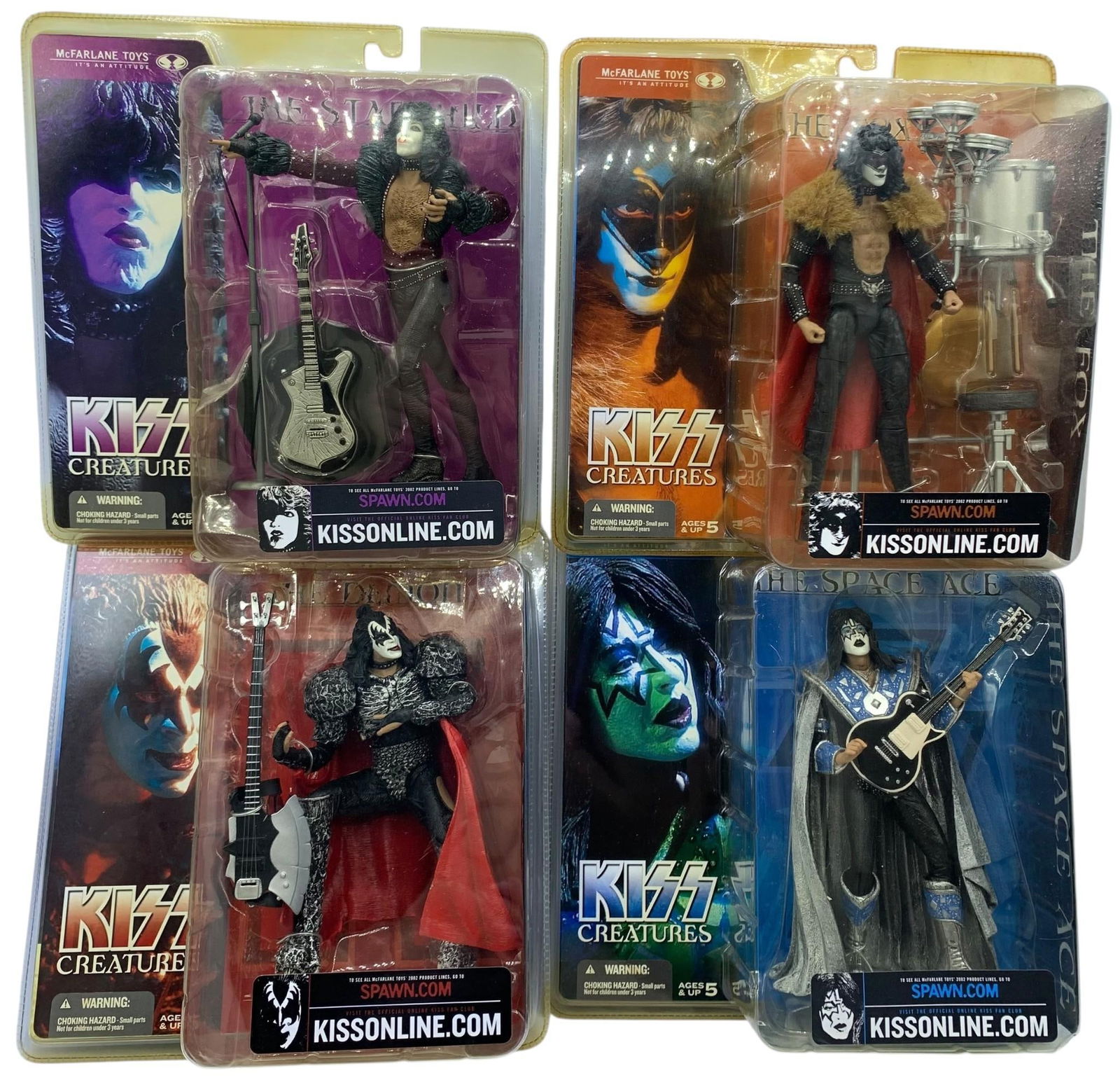 NOS 4 pc KISS Creatures McFarlane Toys Rock Band Collectible Action Figure Set in Factory Packaging: 2002 dates, each sealed in factory packaging with some yellowing to the plastic.