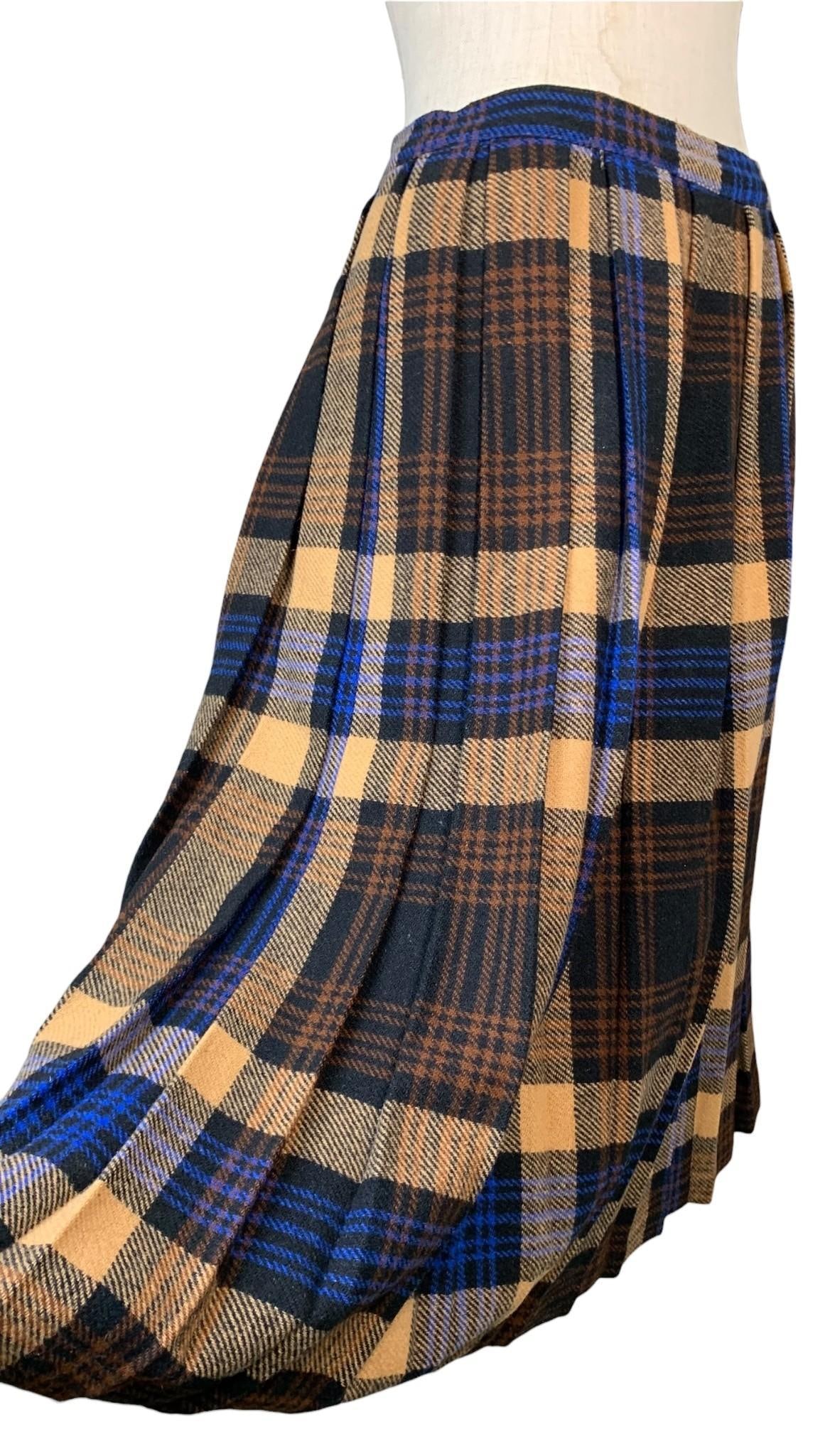 Mid Century Box Pleat Cobalt, Toffee Black Plaid Long Wool Calf Length Skirt: 28" waist, working metal zipper and composite button closure, 28" length, 78" sweep, Unlined wool with Vibrant, even, hues.