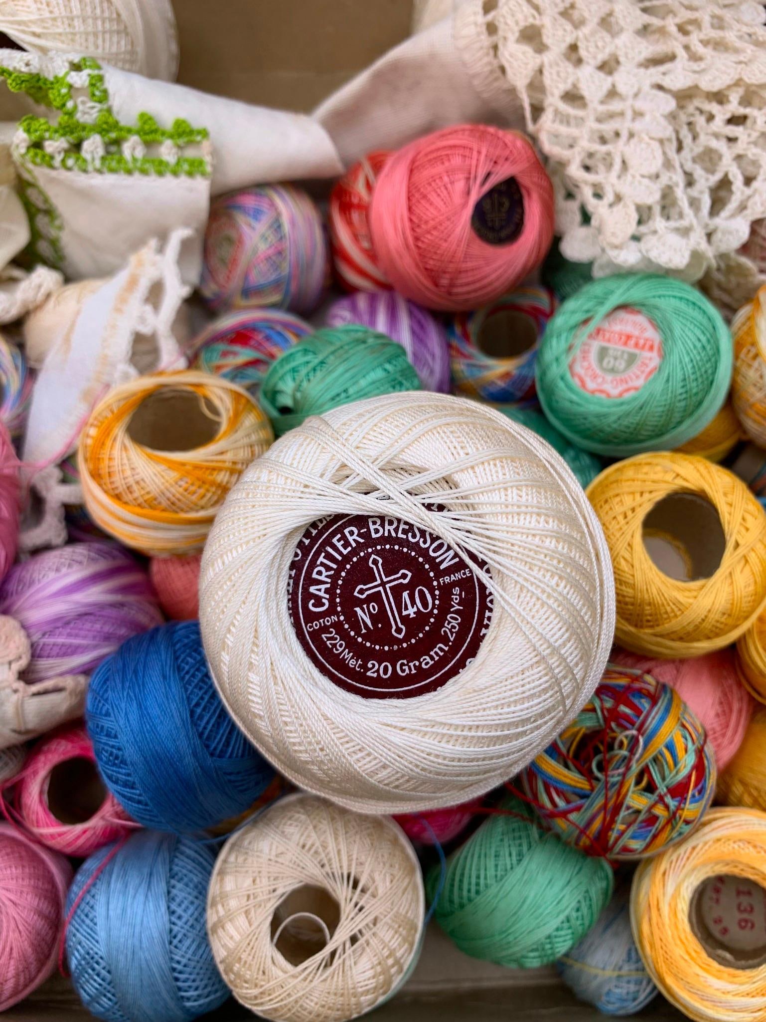 76 pc Mid Century Embroidery, Crochet, Tatting Cotton Spools, Knitting Wool Scrap Needlework Lot: 1000's of yards of needlework floss in a fab variety of hues, early May Co paper bag, Embroidery paperwork, salvaged needlework scraps and wool yarn.