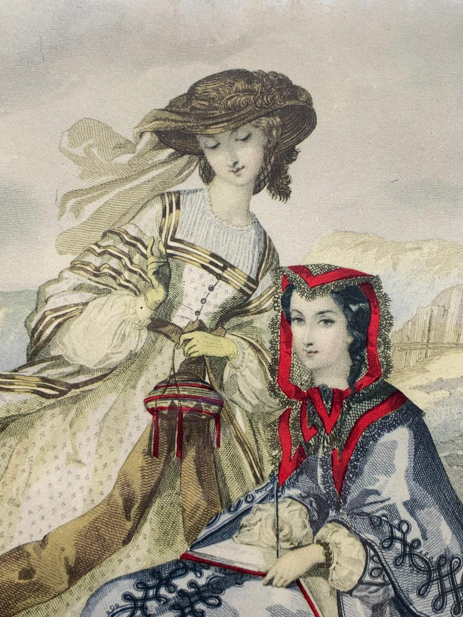 4 pc Vintage French Le Mode Illustree Raven Metal Framed Victorian Style Fashion Print Set: Each print framed in matching raven metal and gold framework, 14 1/4" x 11 1/4" x 1/2", beautifully detailed withnbsp;even coloring to the lithos, good glass.