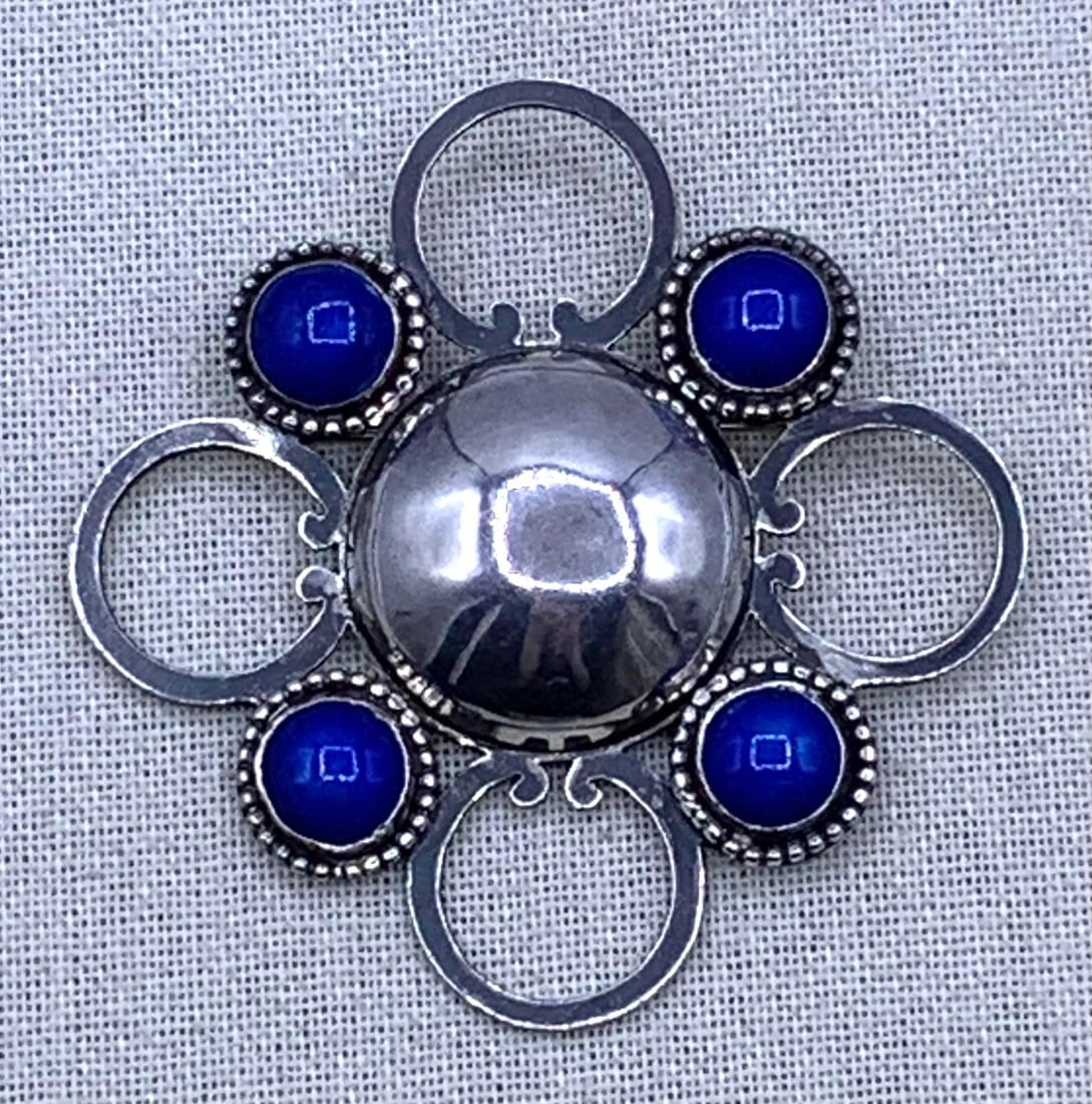 35 Gram Mid Century Danish Modernist Sterling Silver Cobalt Enamel Oversize Artisan Made Brooch: Tests Sterling, 35.4 gram weight, working closure, small flat spot on the center dome, exquisite craftsmanship, 3" x 3".