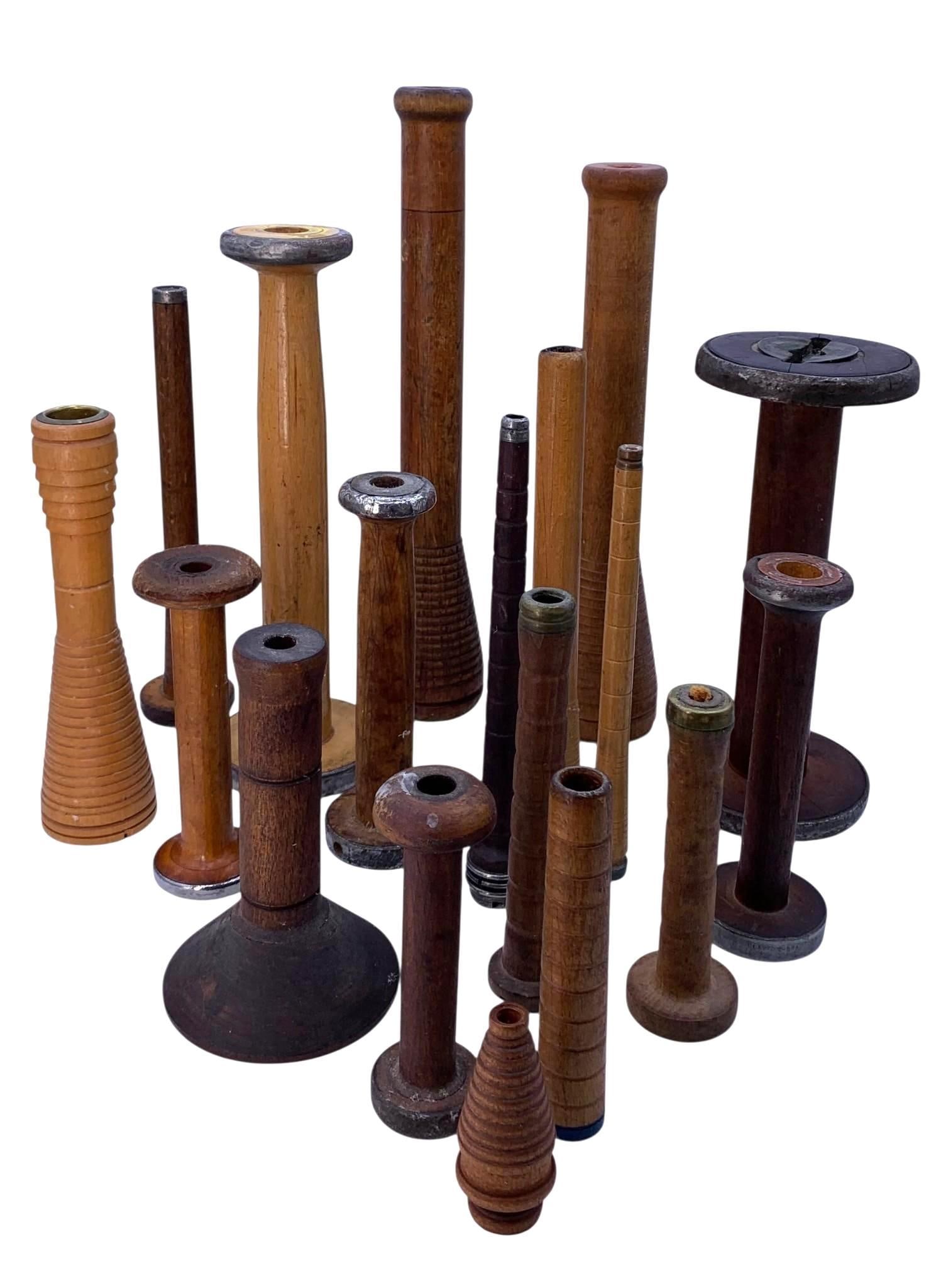 18 Antique Industrial Textile Mill Turned Wood Yarn Thread Primitive Bobbins: Perfect pieces to re-purpose into candle holders, shop display risers, jewelry watch/bracelet holders or miniature plant stands...13 1/2" to 3", fantastic aged patina to the wood, some with metal wrap