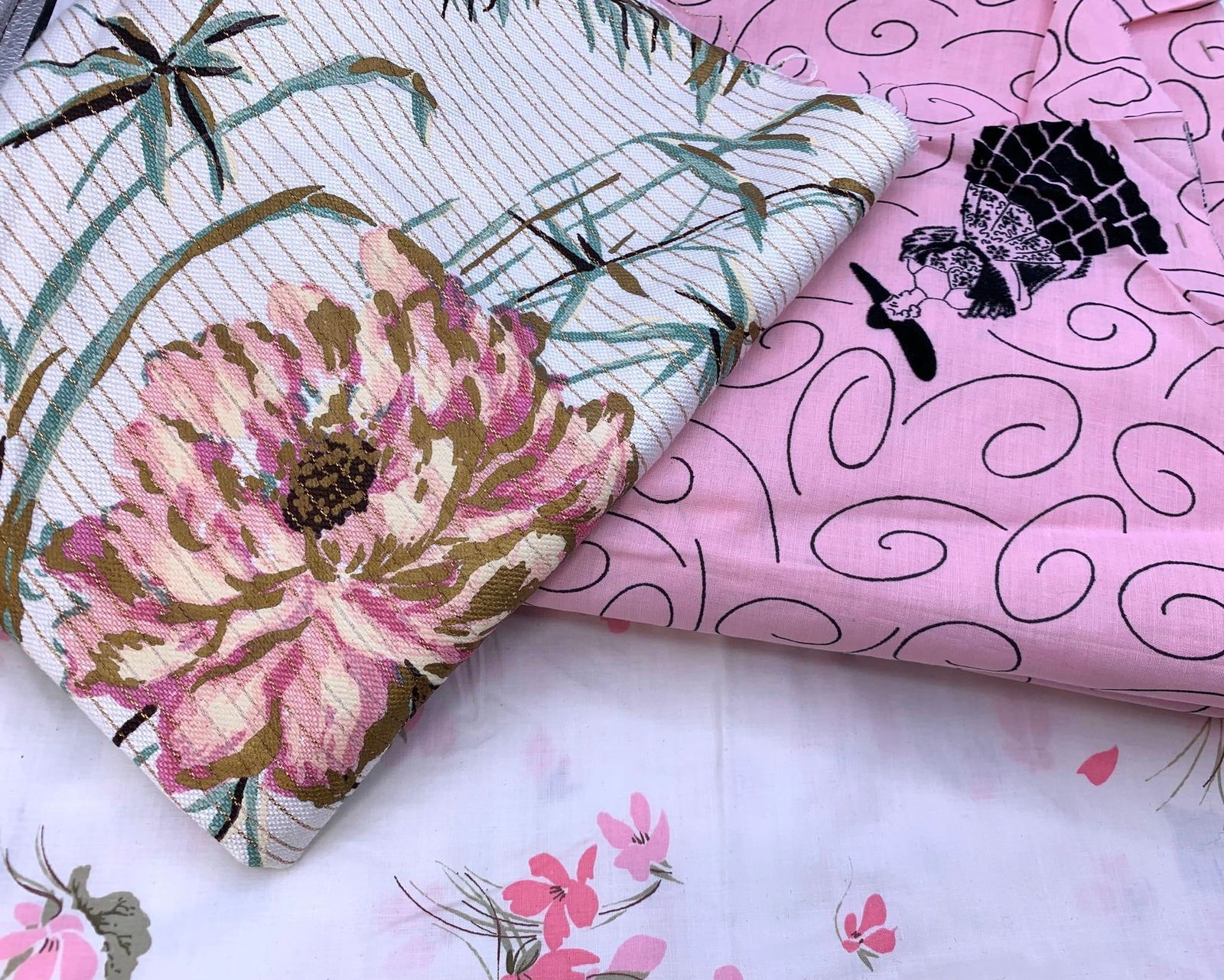 Mid Century Flocked Pink Black Skirt Panels, Pink Violet Polished Cotton Fabric Vintage Remnants: Mid Century fabric lot from a 1950s designer39;s remnant collection:* Pink and raven black flocked fabric, cut into 4 skirt panels (33; length x 7; waist x 29; sweep per panel) with the McCall39;s 957