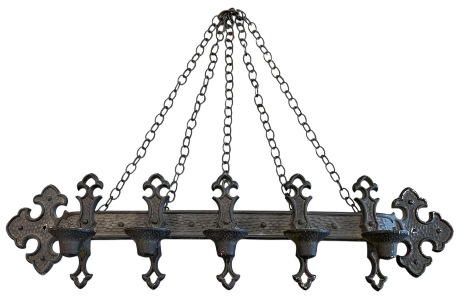1972 VERMAY Ornate Gothic Metal 5 Sconce Medieval Hall Wall Candelabra: VERMAY 1972 embossed on the rear, raven black aluminum metal construction, 5 candle wall sconce, 30" x 7 1/2" x 6", 16" length chains, structurally sound.