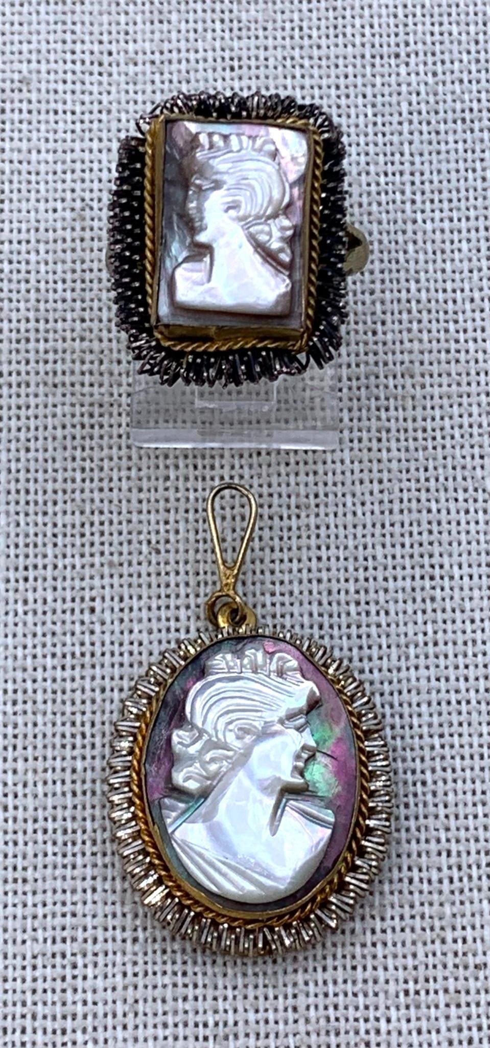 Vintage Carved Nacre Mother of Pearl Cameo Pendant Ring (1 of 13)