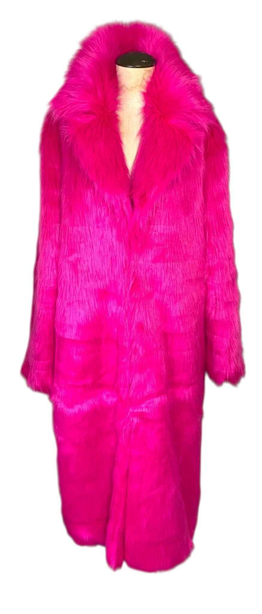Over the Top NWT Hot Pink Fuscia Faux Fur Full Length Coat: Appearing Unworn, size L label, 52" length from nape, oversize stand up notched collar, long 27" bell sleeve, 5 hook/eye closures along the front, paper hang tagnbsp;remains at the nape, midnight blac