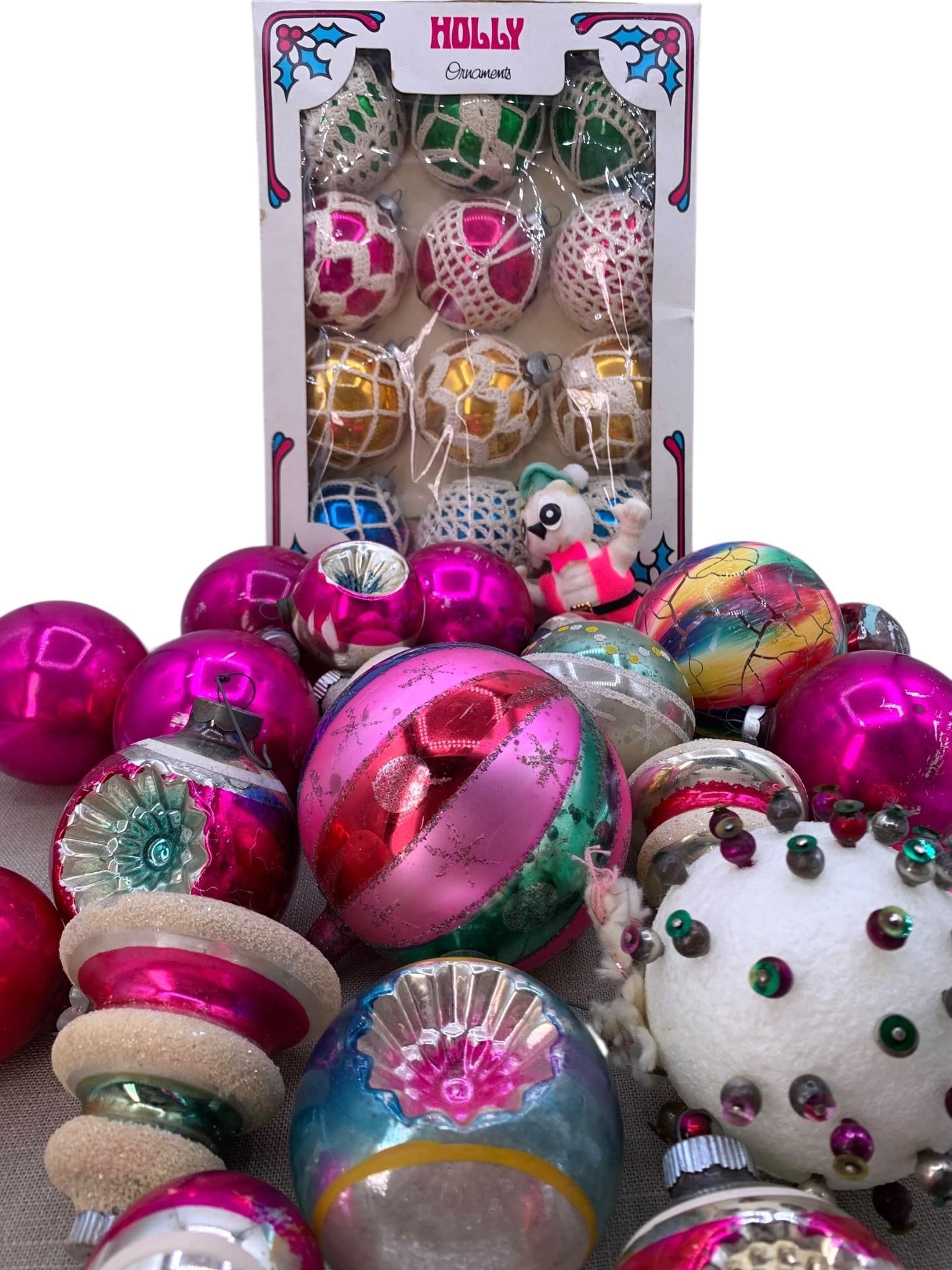 34 Vintage Magenta, Emerald, Gold, Crochet Covered Glass Indent, Glittered, Christmas Tree Ornaments: 1 vintage box containing 12 crochet covered glass ornaments, a bevy of indent, hand painted, glittered and ribbed pieces, West Germany, USA, Shiny Britenbsp;caps,a flocked hot pink vested Owl ornament