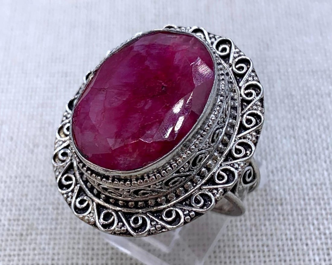 Large 19x15mm Faceted Ruby Ornate Filigree Sterling Silver Large Carat Statement Ring (1 of 13)