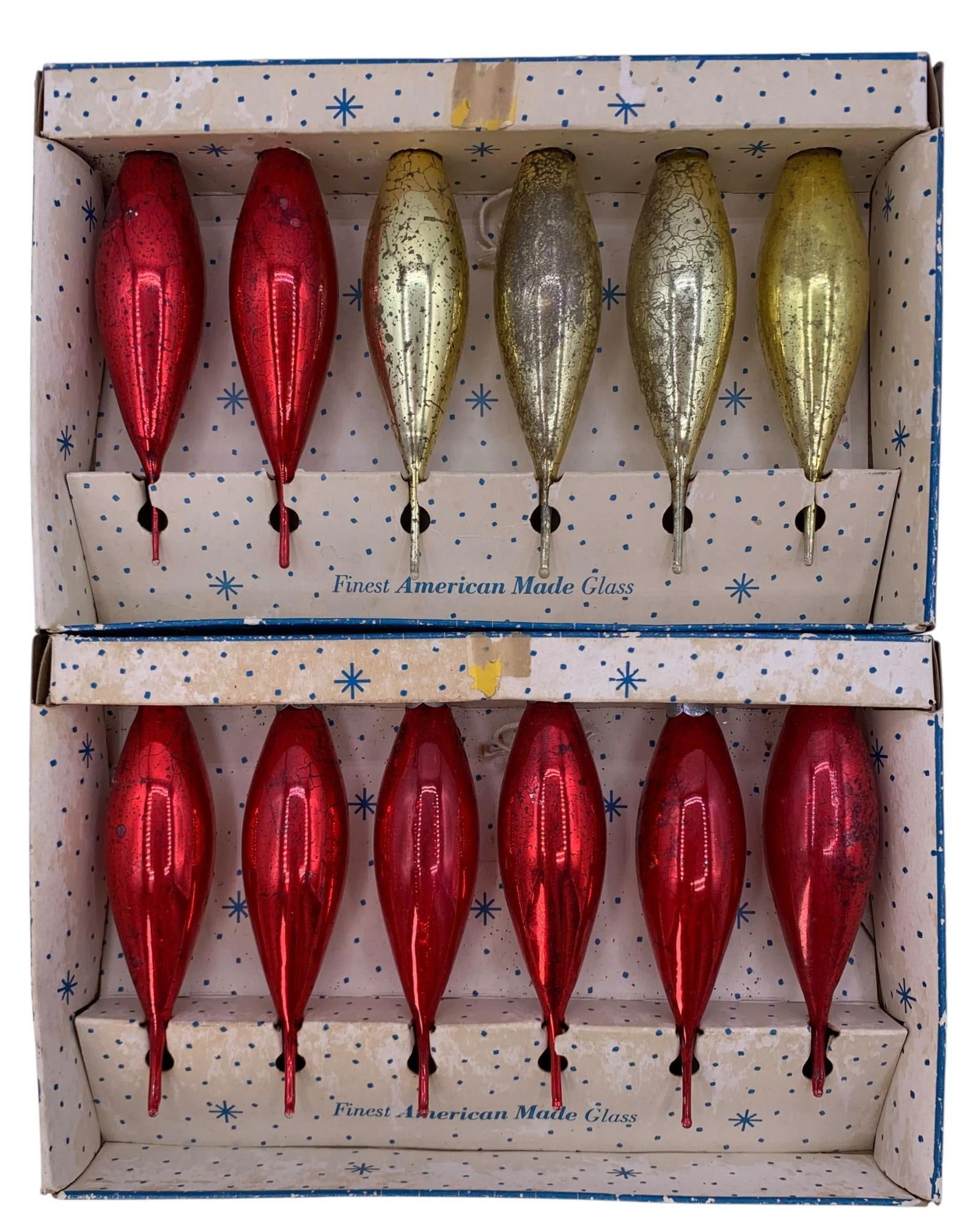 36 Mid Century Ruby Gold Mercury Glass Christmas Tree Ornaments in Early Boxes: Paragon, Shiny Brite and Woolworth's old paperboard boxes, age and wear to the paperboard, Shiny Brite and Made in USA embossed metal caps, Mid Century mercury glass ornaments 4 7/8" to 1 7/8" in size