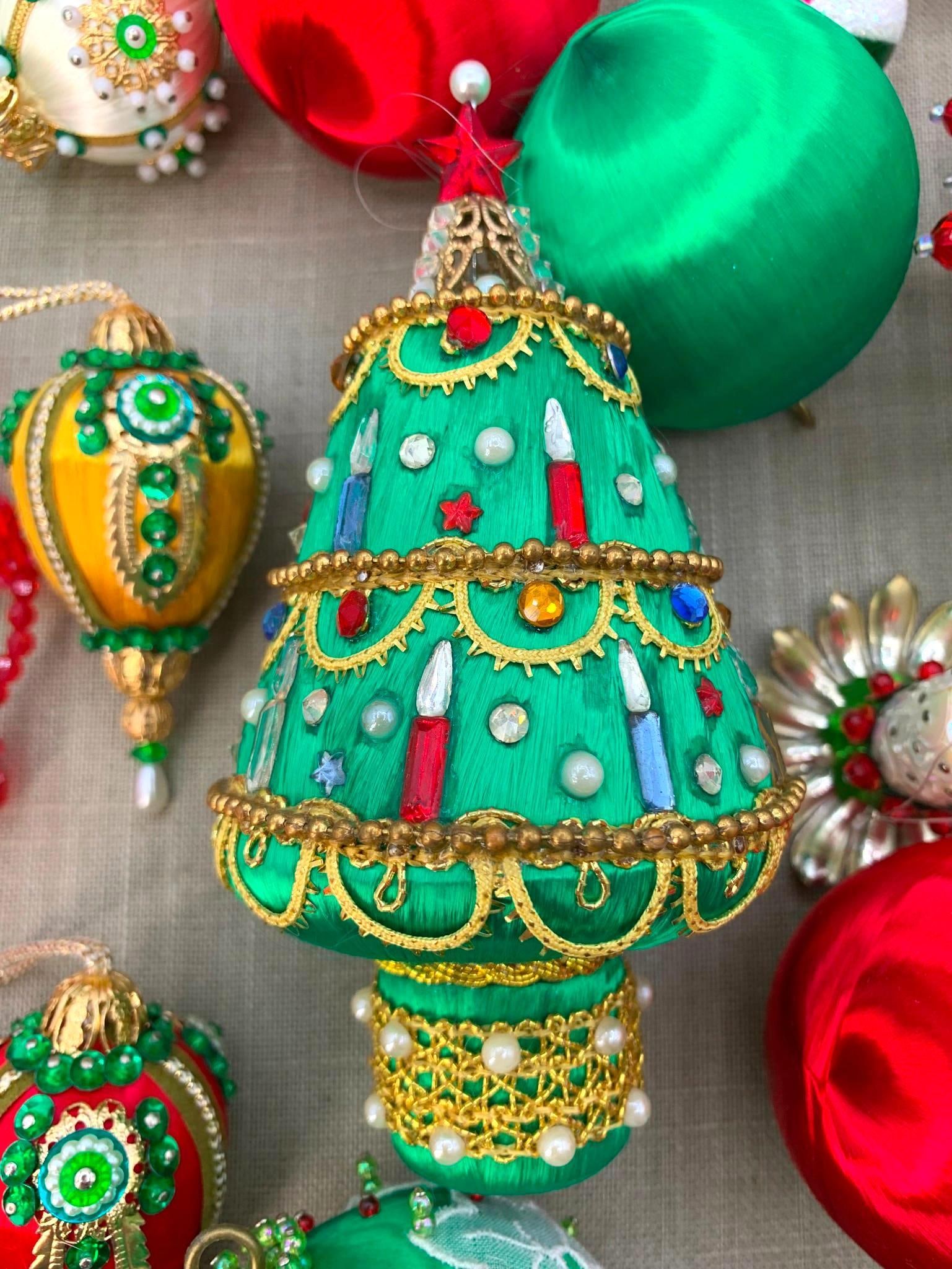 46 Mid Century Ruby Emerald Jewelbrite, Satin Wrapped, Vintage Pierced Pinned Ornaments: 4 vintage Jewelbrite ornament boxes with marquise jewel tone plastic ornaments, fantastic Mid Century flocked, satin wrapped, Santa vignette, pierced and pinned bulbs,nbsp;handmade sequin and bead orn