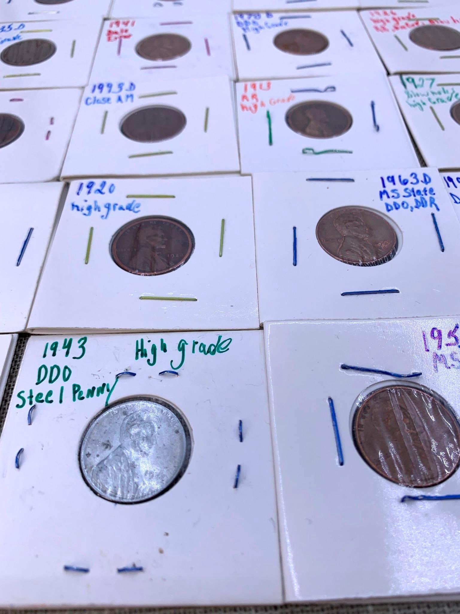 35 pc Antique to Vintage US Penny Error, High Grade, 1 cent Coin Collection: Each in a coin case with hand writing, 1913 to 1995 dates, one wartime steel penny in the mix.