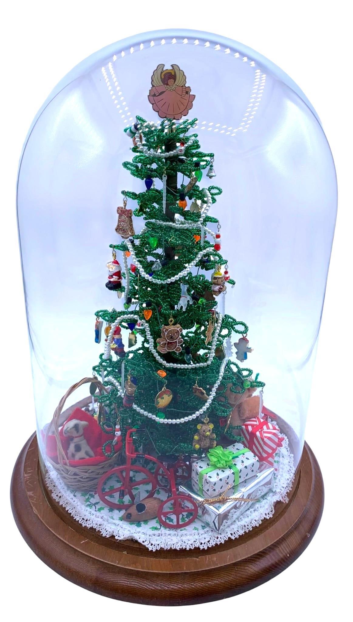 Fantastic Handmade Glass Bead, Miniature Ornaments, Christmas Tree Vignette under Glass Cloche (1 of 17)