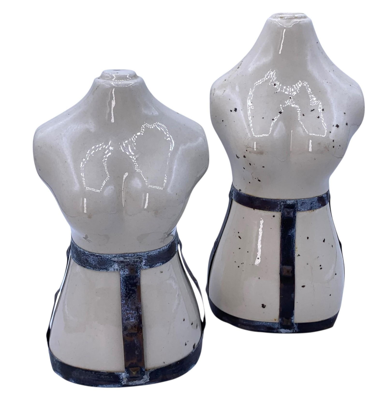 Pair Cream Porcelain Caged Curvy Female Figure Jewelry Shop Curiosity Display Sculptures: 8 1/4" to 9 1/2" tall x 4 1/2", speckled winter white glaze, metal cage detail, each hefty in weight.
