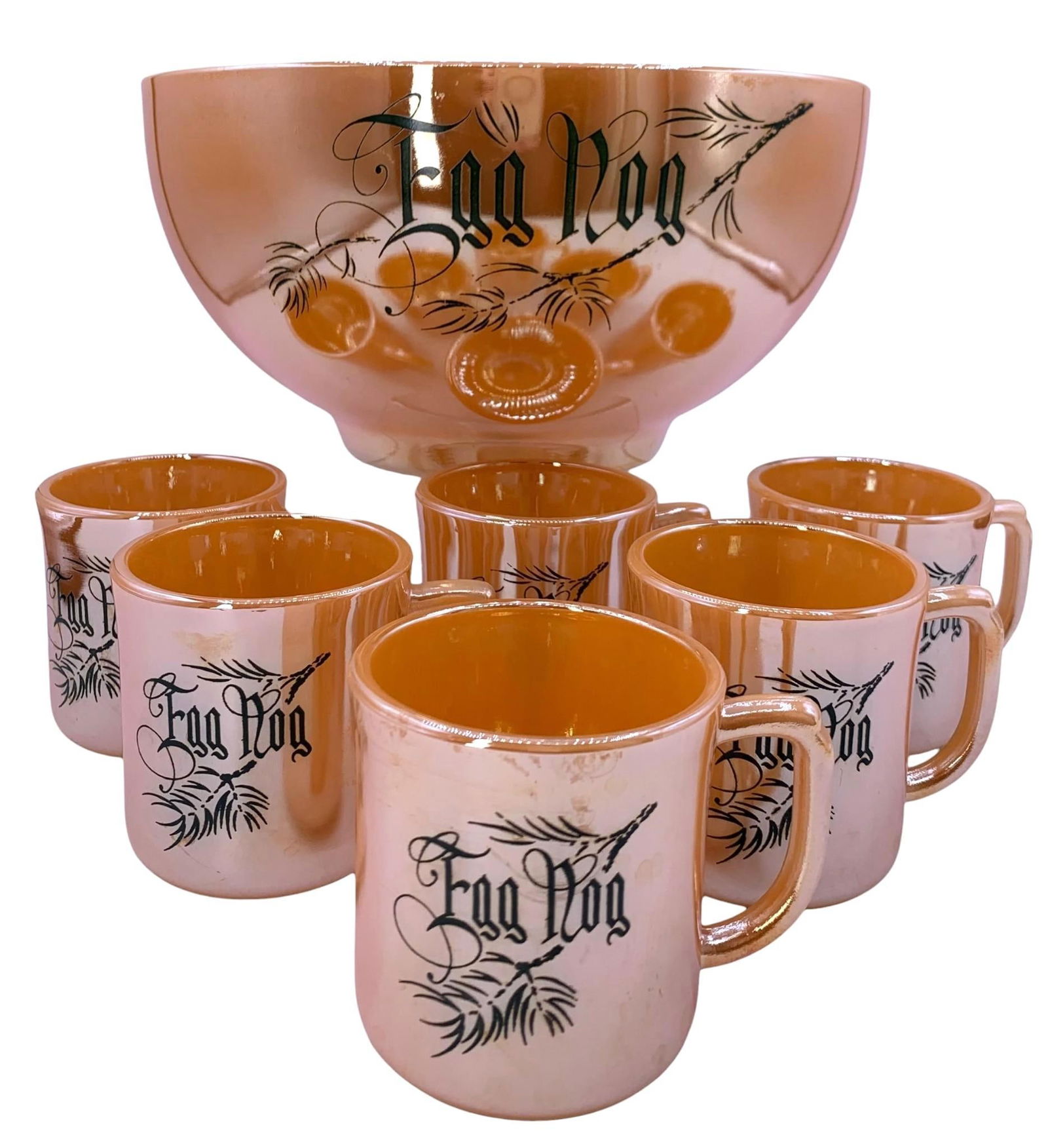 7 pc Mid Century Fire King Peach Lusterware Egg Nog Holiday Punch Bowl Mug Set: 10" punch bowl and 3" tall mugs, each emblazoned Egg Nog and decorated with pine sprigs, superb luster, no structural issues.