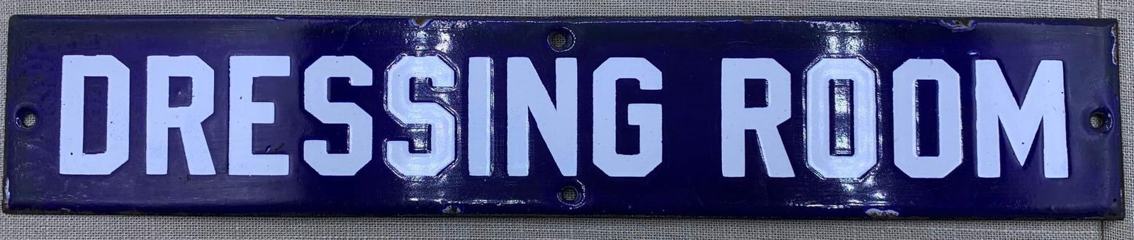 Art Deco Cobalt White Porcelain Enamel c1920s era Metal DRESSING ROOM Sign: Cobalt and White porcelain, 14" x 2 1/2", light age to the porcelain, hefty in weight.