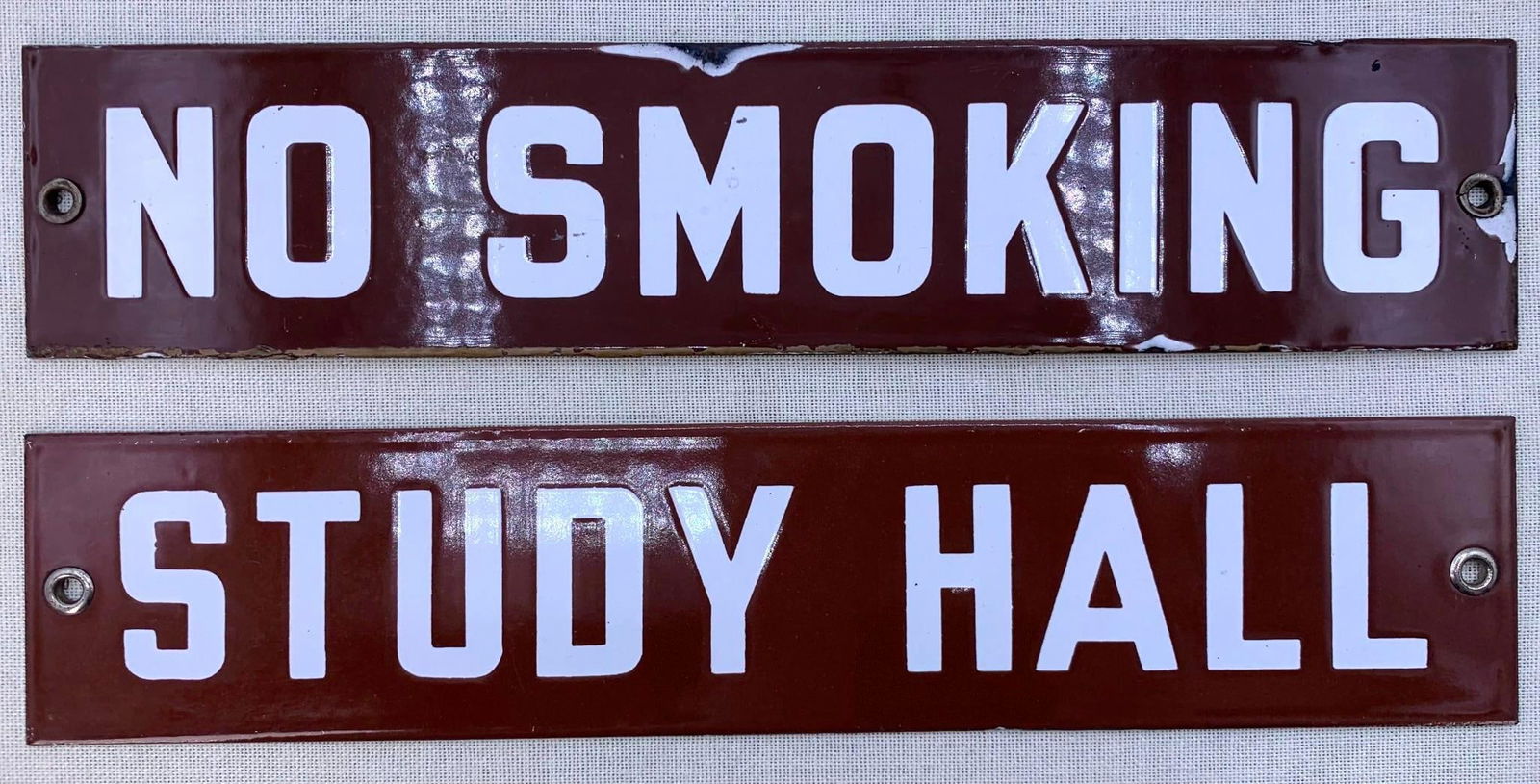 2 Vintage Cocoa White Porcelain Enamel on Metal STUDY HALL NO SMOKING School Signs: 12" x 2 1/2", scattered wear to the No Smoking sign, hefty in weight.