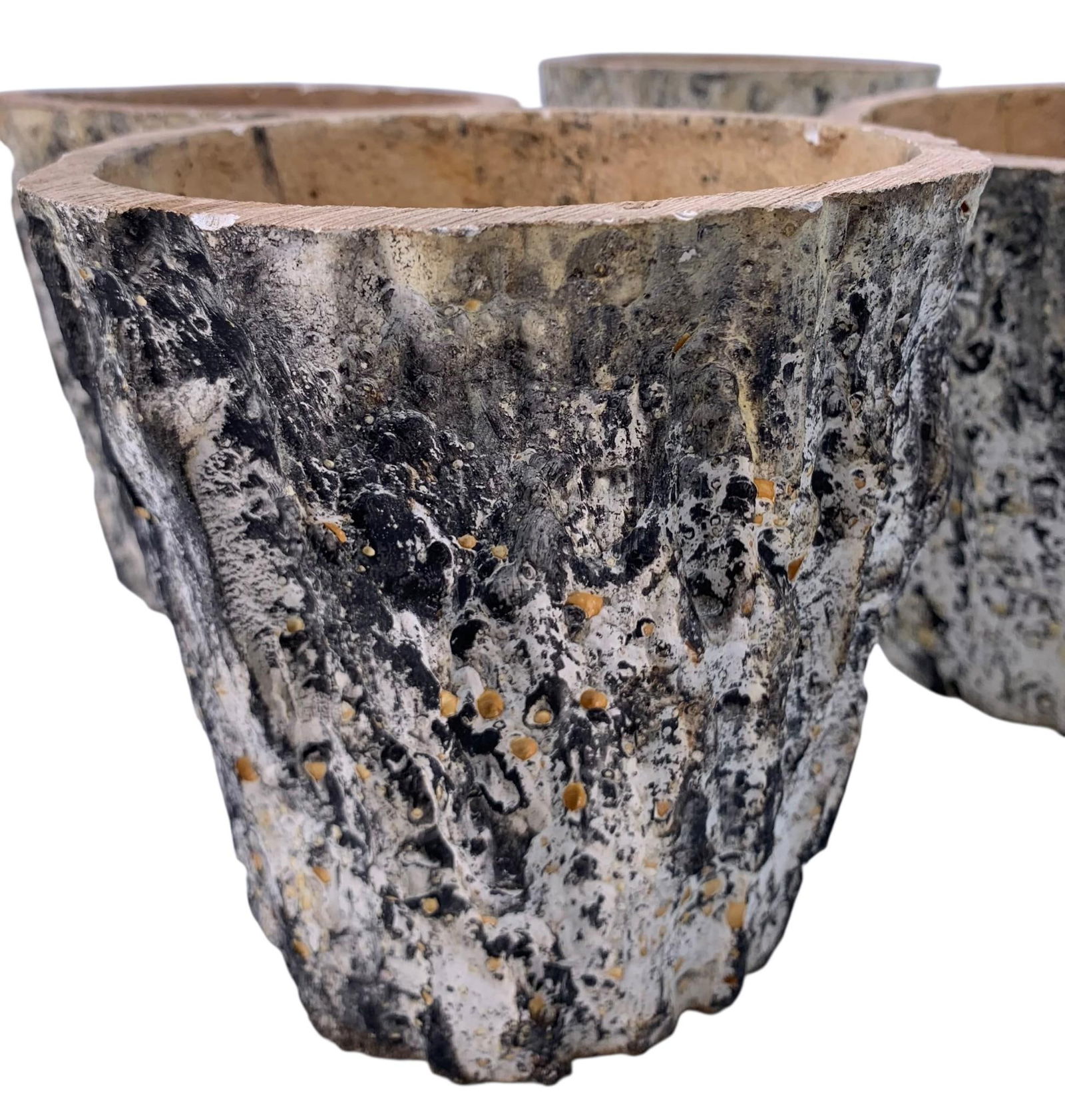 Four Fantastic Vintage Faux Bois Birch Bark Composite Watertight Wood Planter Pots: 5 3/4" to 6" height x 5 1/2" to 5 5/8", each lightweight and unique with realistic hand painted bark detailing, they hold water for direct planting or to house a potted plant.nbsp;