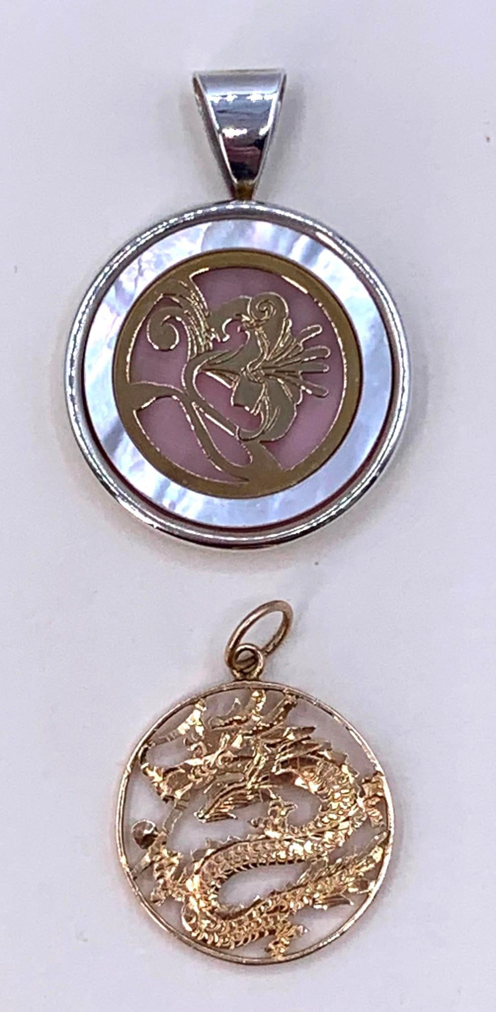 14k Gold Openwork Dragon Pendant and 14k Gold Sterling MOP May Lily of the Valley Pendant (1 of 8)