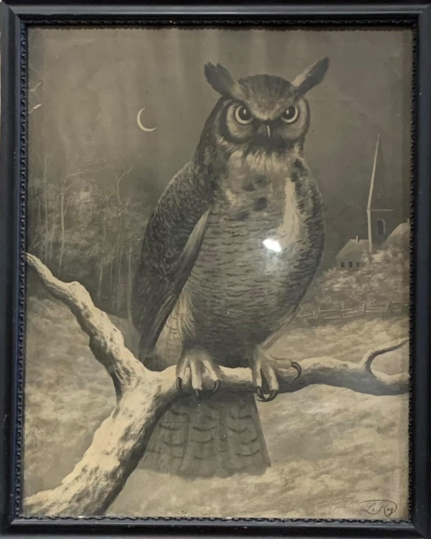 Antique LeRoy Horned Owl Crescent Moon Winter Night Scene Black Wood Framed Sepia Lithograph (1 of 7)