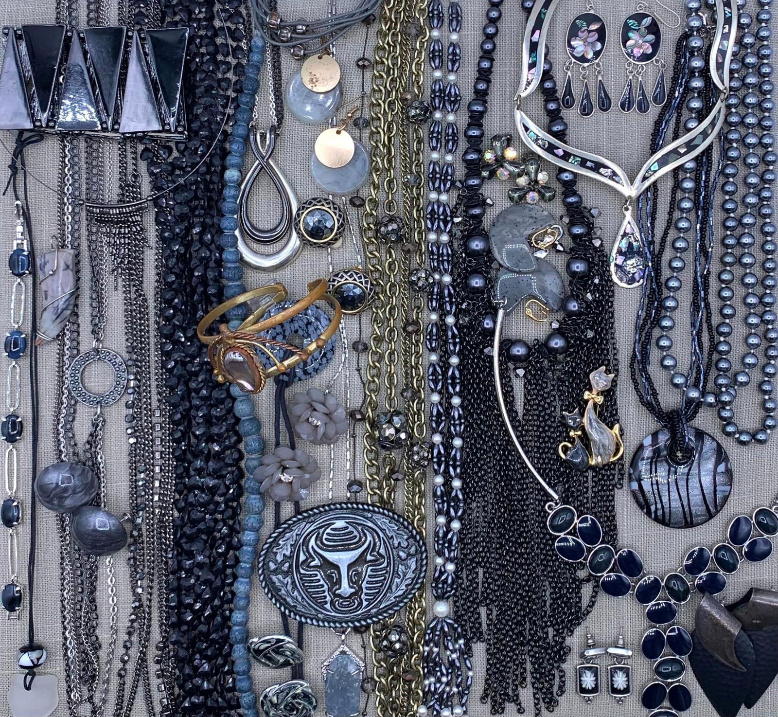 45 pc Mysterious Smoke Gray and Black Vintage Jewelry Collection: Fantastic variety of adornments, including chain fringe, Mid Century faceted heart drape, faux hematite pearls, natural polished stones, WEISS, oversize 80s, statement collar baubles, art glass, burni