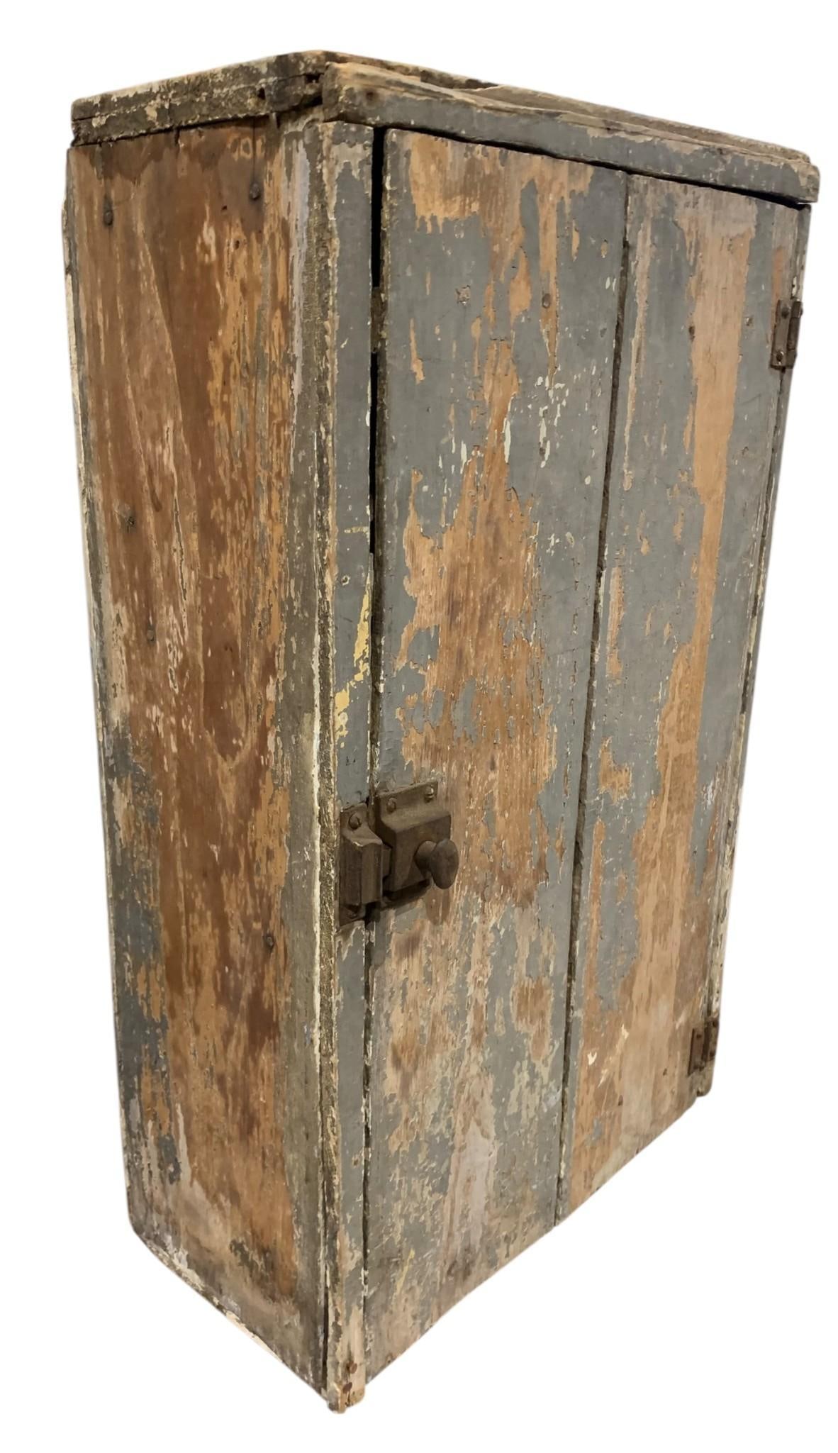 Antique Primitive Chippy Gray Wooden Wall Cabinet with Interior Shelves (1 of 6)
