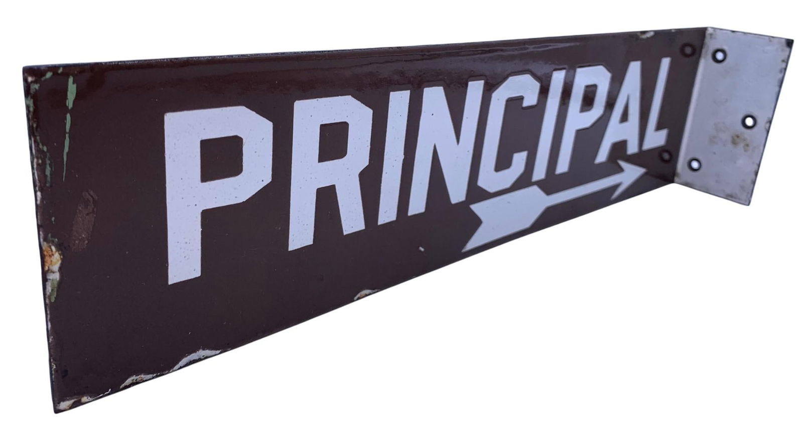 Vintage Cocoa White Porcelain Enamel on Metal PRINCIPAL Early School Wall Mount Flange Sign: 15 1/2" x 4", hefty in weight, brass grommets, areas of scattered age and wear along the edges.