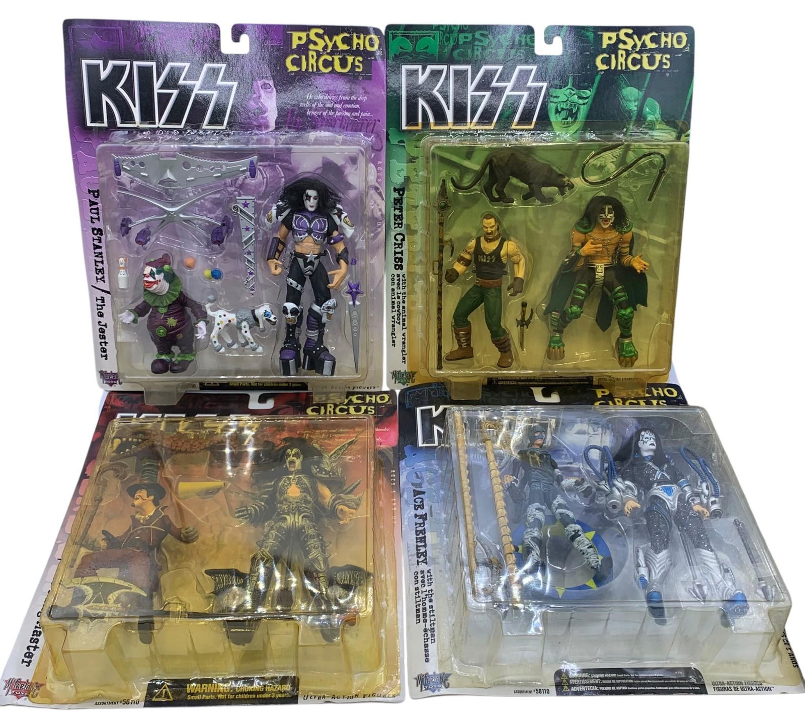 NOS 4 pc KISS McFarlane Toys Rock Band Ultra Action Figure PSYCHO CIRCUS Set in Factory Packaging: Unopened -1998 dates, each sealed in factory packaging, plastic surround has yellowed on two of the packages, with minor shelf wear to the exterior.